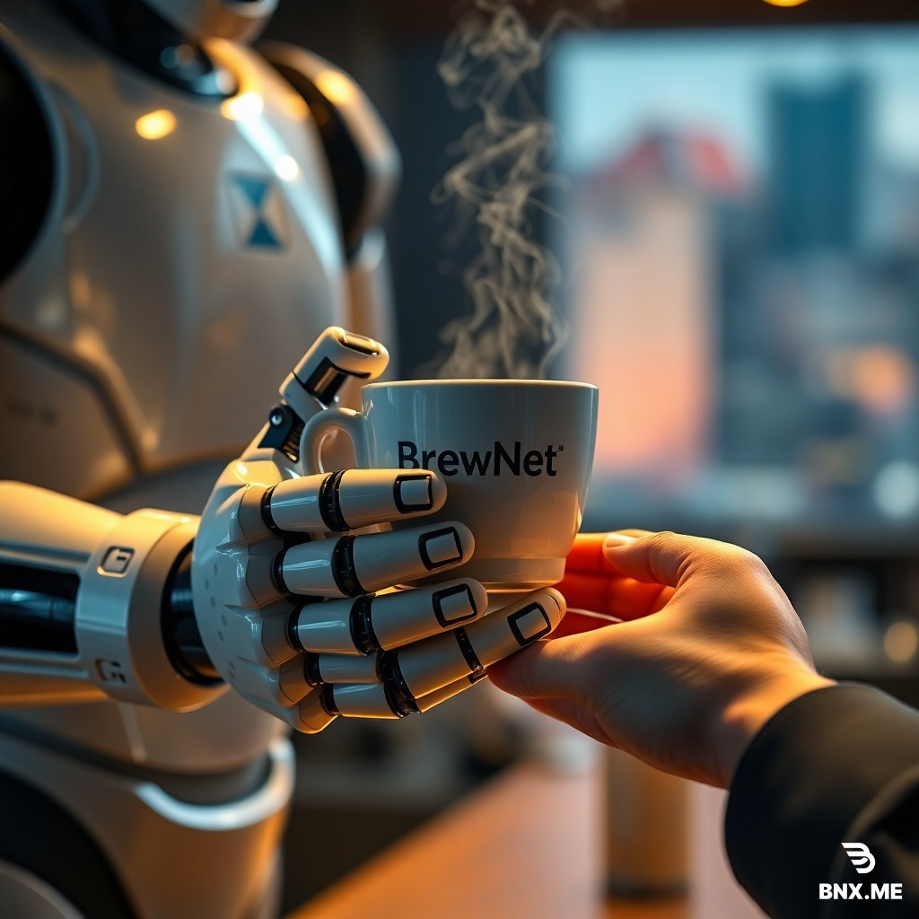 A cinematic, hyper-detailed poster of a futuristic robot barista handing a steaming ceramic cup of coffee to a human customer — extreme close-up on both sets of hands and fingers, showing mechanical articulation and soft, realistic human skin. The robot has a small logo on its chest that reads “BrewNet” in clean sans-serif, warm cinematic rim lighting, shallow depth of field, 8k detail, photorealistic, subtle film grain. Emphasize realistic fingers and correct anatomy, no extra or missing digits, no floating limbs. Include a faint cityscape bokeh in the background.