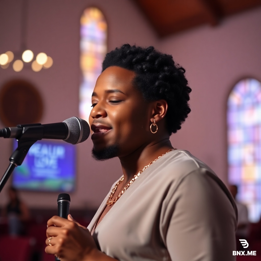 PORTRAIT OF A BLACK ADULT SINGER, SOFT AND EMOTIONAL STYLE, CHURCH BACKGROUND, MICROPHONE IN HAND, GOSPEL ATMOSPHERE MIXED WITH ZOUK LOVE, TITLE "BREAKUP" WRITTEN IN THE BACKGROUND