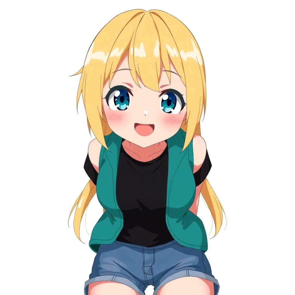 image of an smiling solo anime girl with her blonde hair and blue eyes, she wears a black t-shirt with a sleeveless teal open vest, then she wears a blue denim shorts, pov, low-angle view,,