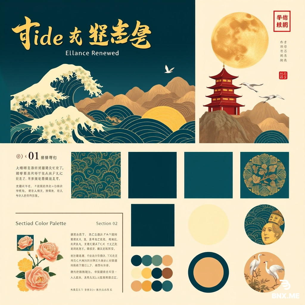 competition presentation board for digital pattern design, vertical 9:16 layout, clean warm cream‑beige background, 10 modular content sections arranged neatly, modern Chinese guochao national‑chao aesthetic, luxurious dark‑blue‑teal, golden‑gilded, earth‑brown color palette.  Top large hero banner area: grand traditional Chinese landscape illustration, rolling gilded ocean wave patterns, peony flowers, ancient Chinese pavilion building, layered distant mountains, full golden‑brass round moon, flying white cranes, gold foil texture, flowing gilded line art, deep indigo‑blue gradient sky. Large elegant serif title text "Tide of East, Elegance Renewed", subtitle "Digital Pattern Design Entry", small red Chinese seal stamp decoration on upper right corner.  Section 01 Pattern Deconstruction: title text "01 Pattern Deconstruction", text description, small icon set of Chinese decorative motifs‑cloud pattern, ocean wave, mountain, peony flower, flying crane, ancient pavilion; collage of element‑extraction sketches and reference landscape artwork.  Section 02 Color Palette: title text "02 Color Palette", 6 circular color swatches: deep ocean blue, teal, sand gold, earth chestnut brown, ivory off‑white; thin wavy decorative line graphics below swatches.  Section 03 Auxiliary Graphic Library: title text "03 Auxiliary Graphic Library", grid collection of line‑art vector decorative elements: knot ornament, wave, mountain, peony, crane, pavilion, border lace patterns, thin golden outline.  Section 04 Poster Series: title text "04 Poster Series", four vertical poster mock‑ups arranged side‑by‑side, each poster printed with the same mountain‑wave‑peony‑crane guochao illustration.  Section 05 UI Design: title text "05 UI Design", mock‑up of smartphone screen and smart‑watch screen displaying the pattern artwork, four small circular UI icon thumbnails below devices.  Section 06 Long Scroll Illustration: title text "06 Long Scroll Illustration", vertical Chinese hand‑scroll painting mock‑up with roller borders, filled with the landscape pattern.  Section 07 Cultural Creative Derivatives: title text "07 Cultural Creative Derivatives", product mock‑up cluster: key‑chains, tassel ornaments, folding paper fan, ceramic mugs, notebook covers printed with the pattern.  Section 08 Gift Box Packaging: title text "08 Gift Box Packaging", opened luxury gift‑box mock‑up, box surface printed with blue‑gold national‑chao pattern.  Section 09 Fabric Swatches: title text "09 Fabric Swatches", stacked rolled textile‑fabric samples showing the printed pattern texture.  Section 10 Craft Details: title text "10 Craft Details", three small image tiles showing craft texture effects: foil stamping, embroidery, screen printing texture samples.  Bottom footer bar: small English text slogan, thin golden wavy dividing line along bottom edge.  Whole board: minimalist layout, clear dividing space between each module, high‑end academic competition presentation, photorealistic mock‑up render, 8K, ultra‑detailed, soft lighting, no messy distortion, readable layout, graphic‑design portfolio board, do NOT mangle text content, clean typography