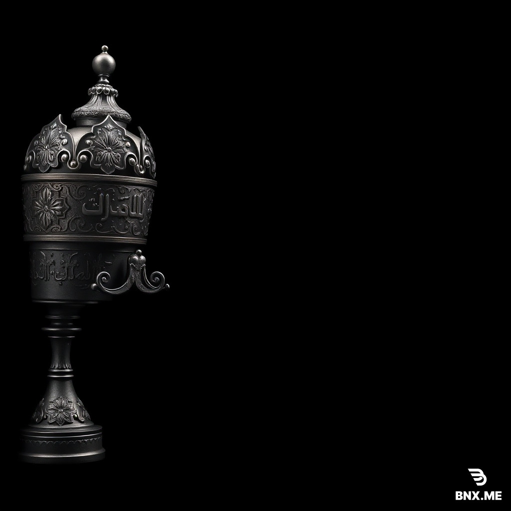 Create an ultra-detailed Islamic Muharram announcement background in vertical 4K story format (2160×3840).  The background must be pure deep black with a luxurious cinematic atmosphere. Place a large metallic "Shah-Tigheh Alam" (the ceremonial finial of Muharram standards) emerging from the left side of the frame, with only about half of the object visible inside the composition. The rest of the image should remain empty and minimal to provide a clean area for adding announcement text later.  The Shah-Tigheh should be crafted from aged silver and dark bronze metal with exquisite Persian craftsmanship, intricate engravings, embossed floral motifs, and subtle signs of age. Use dramatic studio lighting with soft highlights and realistic reflections to emphasize the texture of the metal.  The Arabic inscriptions engraved on the metal MUST be written exactly and accurately as follows, with correct spelling and diacritics:  «يَا أَبَا عَبْدِاللَّهِ»  «السَّلَامُ عَلَيْكَ يَا أَبَا عَبْدِاللَّهِ»  «السَّلَامُ عَلَى الْحُسَيْنِ وَعَلَى عَلِيِّ بْنِ الْحُسَيْنِ وَعَلَى أَوْلَادِ الْحُسَيْنِ وَعَلَى أَصْحَابِ الْحُسَيْنِ»  The inscriptions should appear as elegant engraved Arabic calligraphy integrated naturally into the metal surface.  No flags, no borders, no decorative frames, no mosque domes, no additional objects, no people, no blood effects, and no extra text. Maintain a solemn, dignified, and spiritual Muharram mood suitable for a professional religious announcement.  Hyper-realistic, cinematic lighting, museum-quality detail, photorealistic metal textures, sharp focus, high contrast, masterpiece quality, ultra-detailed, 4K vertical composition.
