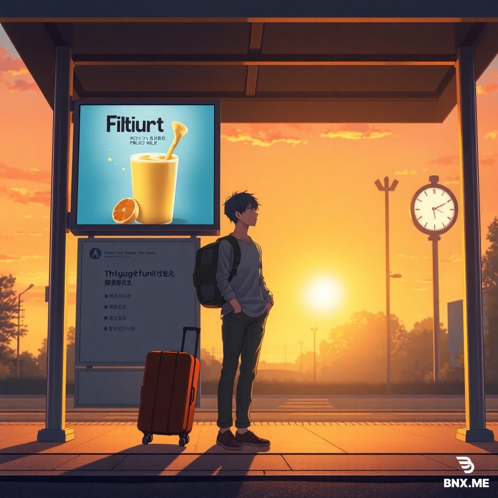 anime style cinematic illustration, makoto shinkai style, a university graduate with suitcase standing at a T-shaped bus stop shelter at sunset, a billboard poster on the stop shows fruit milk drink with an orange letter O, a clock in distance shows midnight, warm golden lighting, widescreen composition, highly detailed