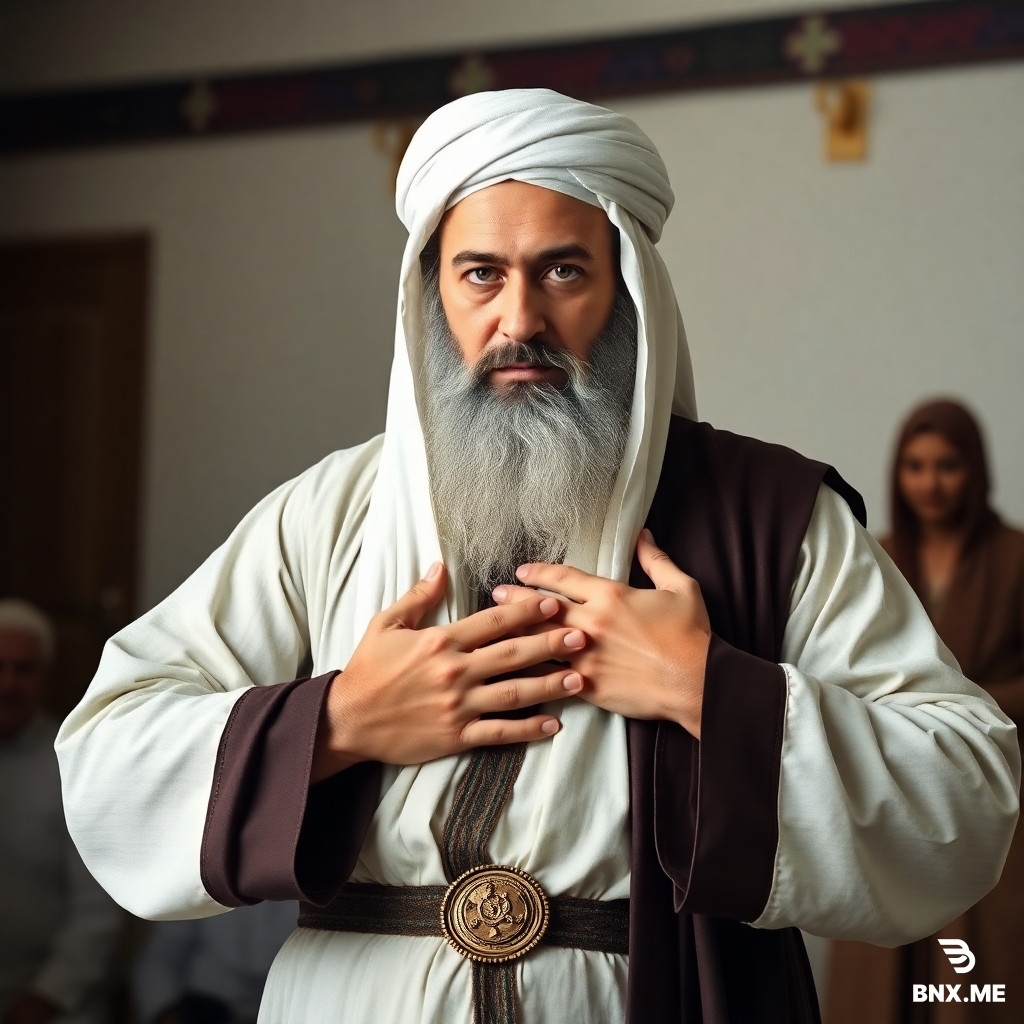 Imam Sadiq, dressed in Arab attire from a thousand years ago, while his own face is not visible, firmly rejects his disciple's chest.