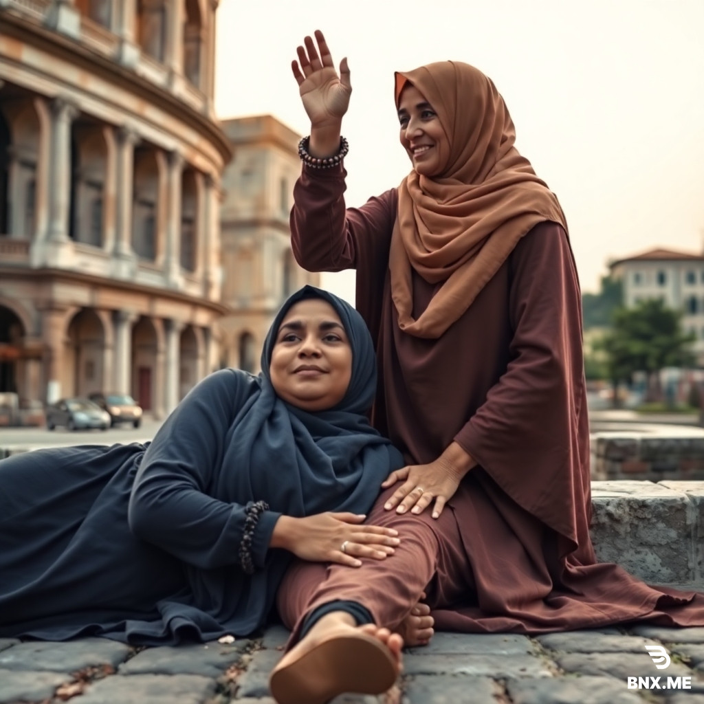 i want an image of aan south asian muslim woman in 20 and in 47. the youger one version is laying on cornor of rome while floding her legs with stomach. she was afraid from everything outside. so bitter what is in her life. the older one came near to her and raise her hand to provide her support for standing with smile and her face and saying her what was happened with you it is not your fault. it is other's charachter. it is not judgement of your charachter. just stand up and come with me and we will live this life saying Alhamdulilah to Allah.