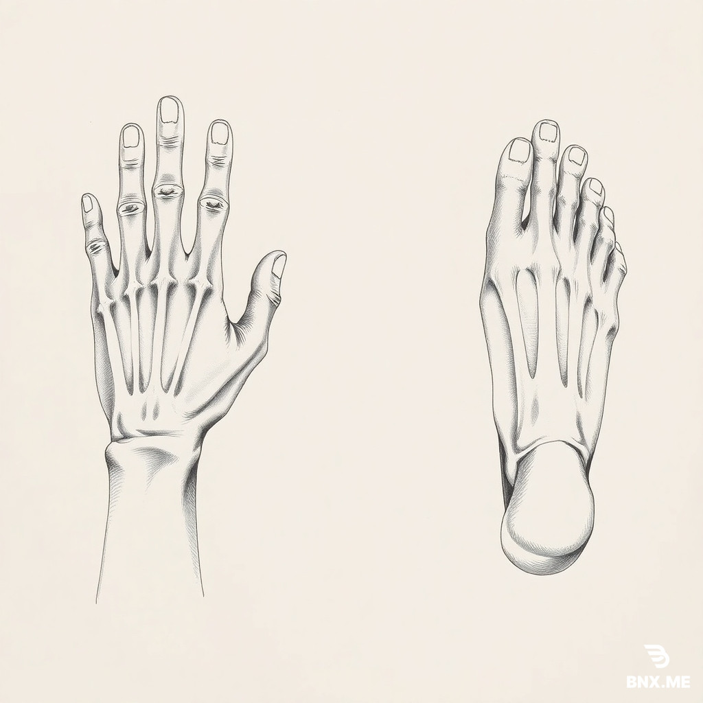 Estudio anatómico detallado de manos y pies humanos. Manos con cinco dedos claramente separados, uñas visibles, articulaciones marcadas, posición natural (no rígida). Pies con cinco dedos, arco y talón definidos. Dibujo realista a lápiz sobre fondo blanco, con sombras suaves y proporciones exactas. Inspiración en dibujo académico de libro de anatomía. Sin deformidades ni dedos extra. Enfoque nítido.