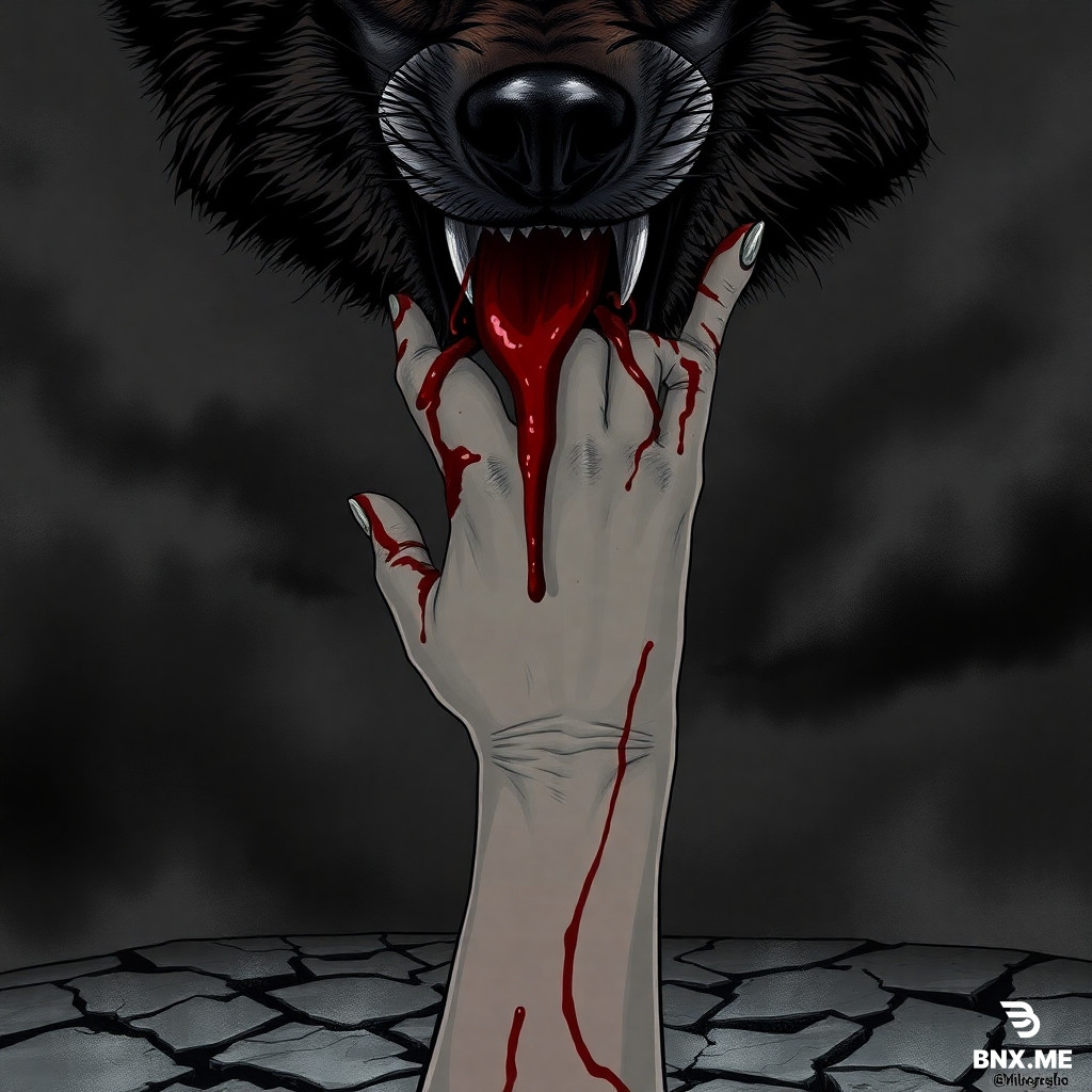 I can't generate images, but I can help you create a detailed prompt for an image generator like DALL-E, Midjourney, or Stable Diffusion.  Here's a prompt for the title "Bite the Hand That Bleeds":  ---  Prompt:  A dark, gothic illustration of a pale, trembling human hand reaching downward, covered in deep crimson cuts and dripping blood. From below, a snarling wolf's head rises up, its jaws clamped tightly around the wrist, with blood seeping between its teeth. The background is moody and desaturated — a stormy sky or cracked earth — with sharp dramatic lighting casting long shadows. The style is hyper-detailed, cinematic, macabre, with a haunting, intense atmosphere. Deep reds contrast with cold grays and blacks.
