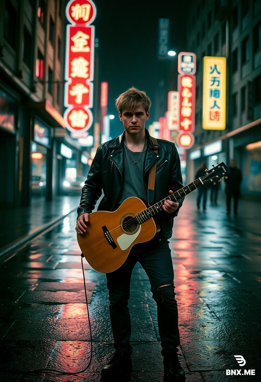 A cinematic music banner for a male singer with short messy hair, wearing a black leather jacket and ripped jeans, standing alone on a rainy city street at night, holding a guitar, neon signs reflecting on wet pavement, moody and mysterious atmosphere, dramatic shadows, photorealistic, 8k, high fashion, album cover style, vertical poster composition