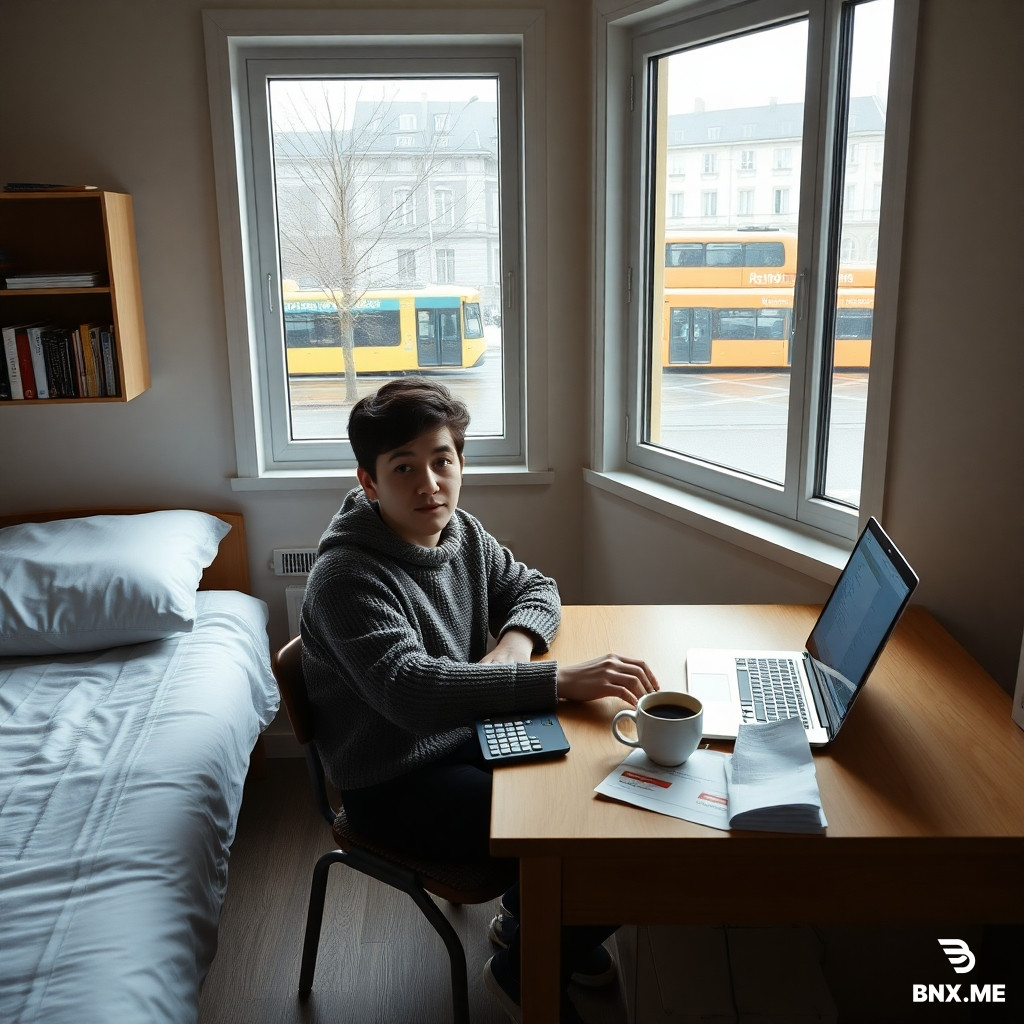 Photorealistic, medium shot of a young international student sitting at a simple wooden desk in a modest, cozy dorm room in Oslo, Norway. The room has a single bed with a plain duvet, a small bookshelf with a few textbooks, a laptop open, and a window showing a rainy Scandinavian street with trams. On the desk, there is a calculator, a cup of coffee, and a grocery receipt from "Rema 1000". The student looks focused but calm, wearing a warm sweater. The lighting is soft, overcast daylight from the window. No text, no letters, no numbers on any object. No watermarks, no logos, no brand names visible on clothes, devices, or products. No flags, no political symbols. No advertising or promotional elements. Neutral, documentary style. Aspect ratio 1:1