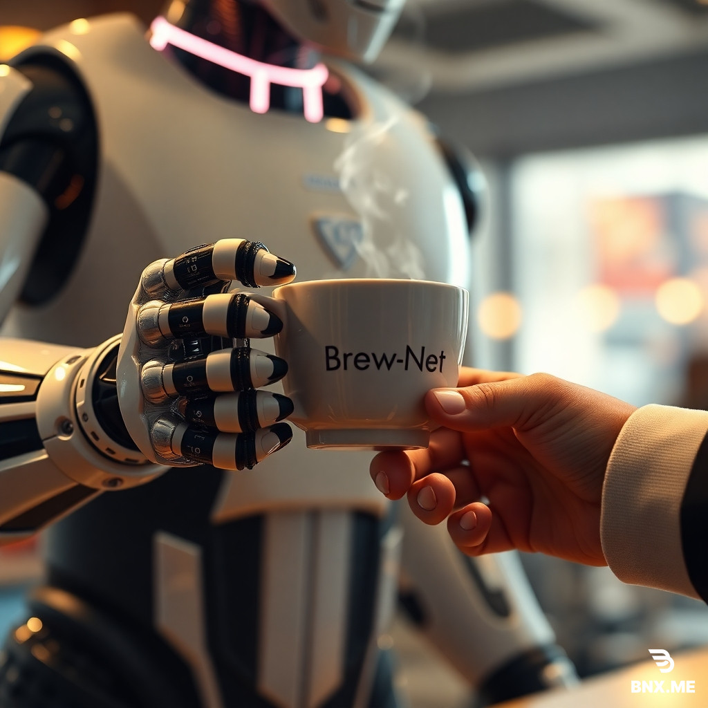 A cinematic, hyper-detailed poster of a futuristic robot barista handing a steaming ceramic cup of coffee to a human customer — extreme close-up on both sets of hands and fingers, showing mechanical articulation and soft, realistic human skin. The robot has a small logo on its chest that reads “BrewNet” in clean sans-serif, warm cinematic rim lighting, shallow depth of field, 8k detail, photorealistic, subtle film grain. Emphasize realistic fingers and correct anatomy, no extra or missing digits, no floating limbs. Include a faint cityscape bokeh in the background.