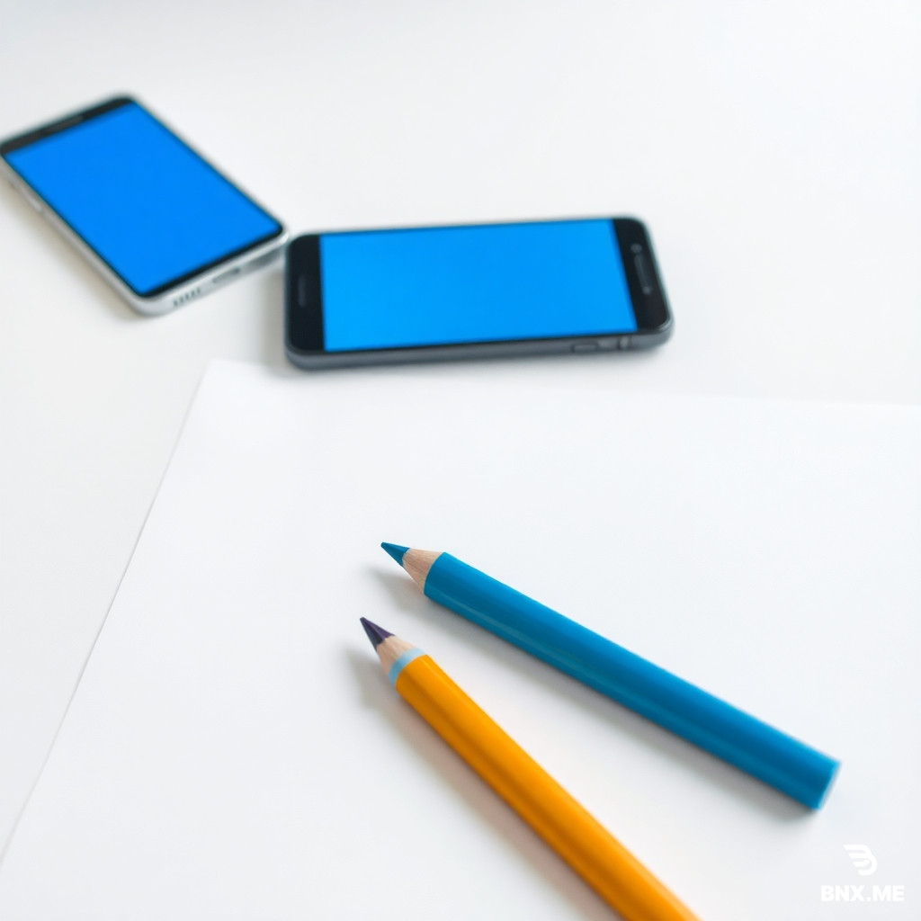 Un crayon posé une feuille blanche, avec en arrière plan un téléphone et un ordinateur, dessiner au crayon représentant un croquis du résultat finale sur papier pas trop détaillé, le crayon est net et bien taille; la feuille sur laquelle se trouve le crayon est vierge et l'écran des deux appareil affichent une image en bleu, vue en plan serré, pas de couleur juste le dessin sous forme de croquis, en portrait ratio égale à 9:16