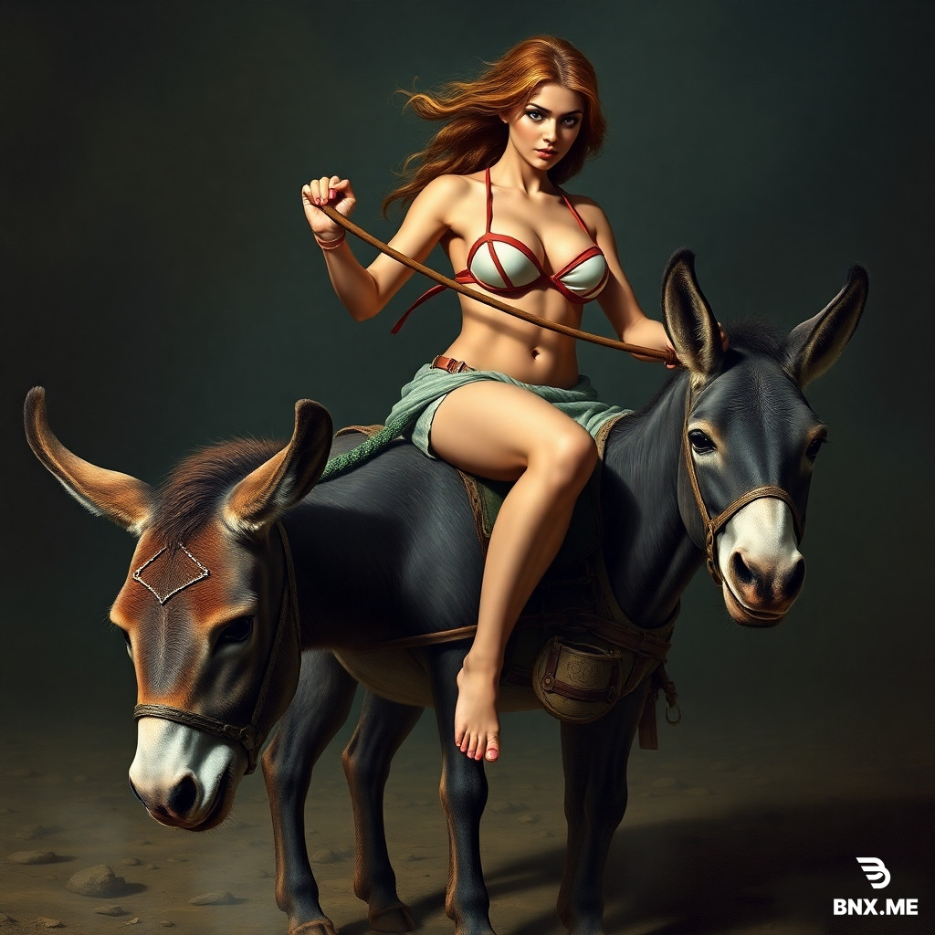 A stunning young Greek woman, fair-skinned and wearing a bikini, is much larger than her small, poor, and overweight donkey. She rides on the tired animal, which seems to be struggling to bear her weight on this arduous journey. She pulls hard on the reins to maintain control, and the donkey appears to be exerting considerable effort for her comfort.
