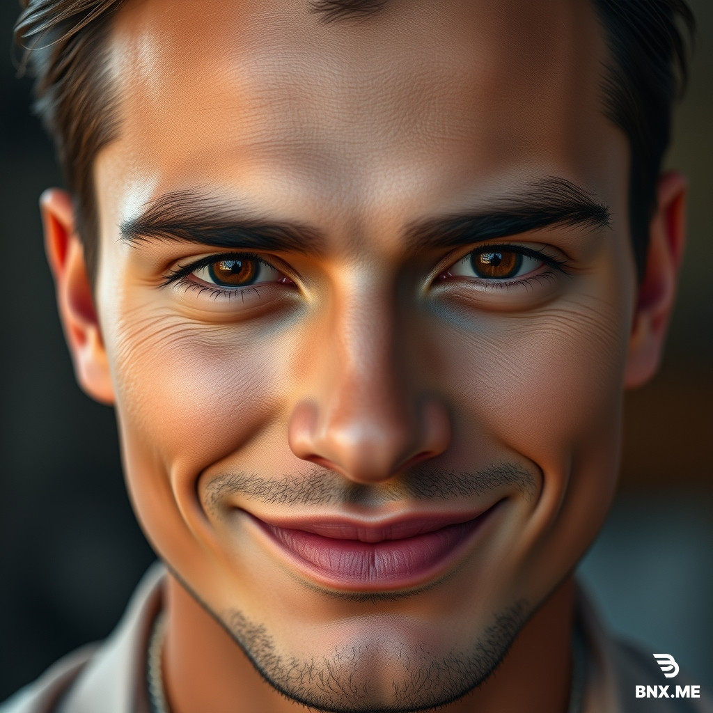 A close-up portrait of a handsome man with a sharp, well-defined nose, finely drawn lips with a soft natural shape, sharp arched eyebrows, long thick eyelashes, and two prominent dimples when smiling. He is wearing loose, long, flowing clothes. Smooth skin, symmetrical face, soft cinematic lighting, high detail, 4K, photorealistic, shallow depth of field, elegant confident expression