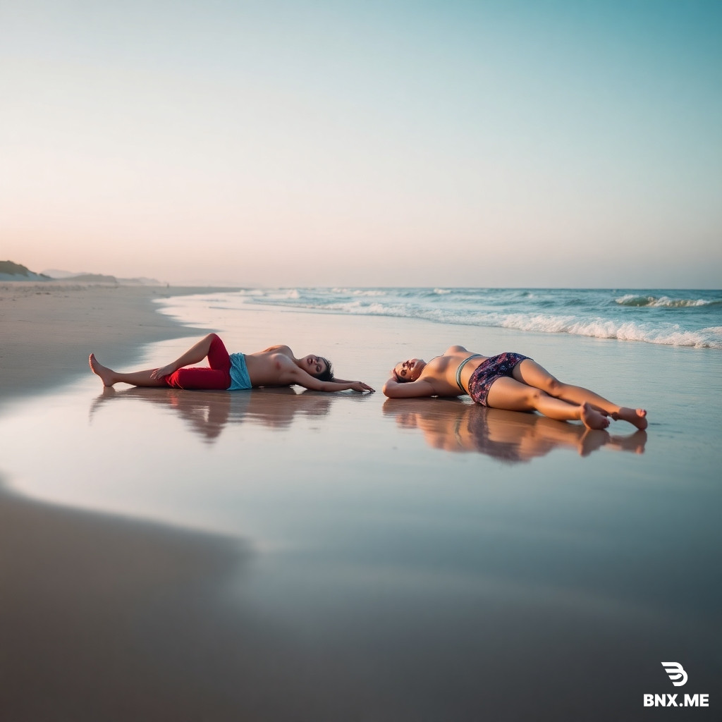 2 people lying on the beach