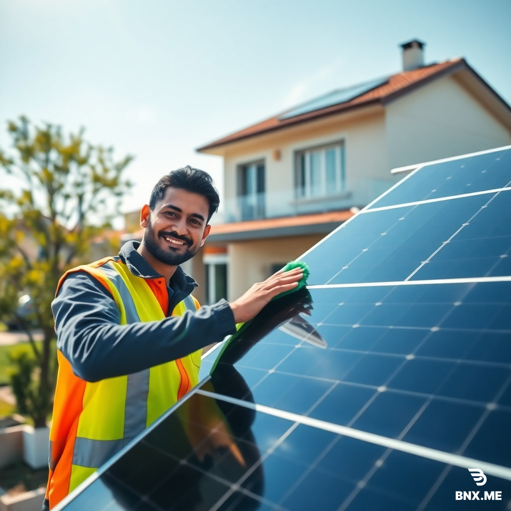 A modern family home in Hyderabad, India, with sleek solar panels installed on the rooftop, under bright morning sunlight. In the foreground, a professional Indian technician in safety gear and uniform is gently wiping a solar panel, smiling. The background shows a clean, well-maintained residential neighborhood with a clear blue sky and light trees. Cinematic lighting, ultra-realistic, high resolution, inviting and trustworthy mood, wide angle suitable for website hero banner – no text, no logos