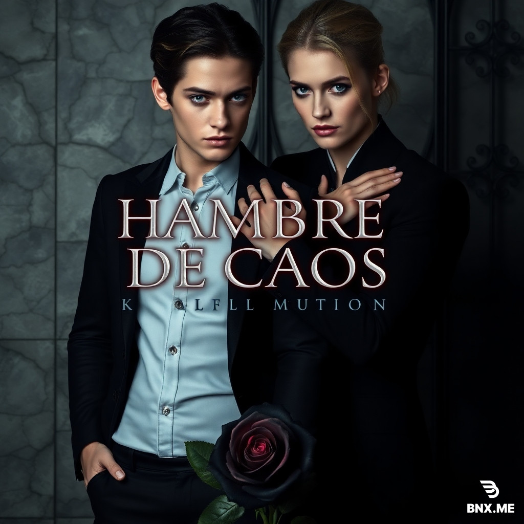 Wattpad book cover, vertical 512x800 pixels, dark gothic elegant aesthetic. Joseph Morgan as Klaus Mikaelson and Lily Collins as a young vampire woman, standing together, his hand possessively on her shoulder, her hand covering his, intense dangerous gazes. A single black rose with blood-red center at their feet. Cracked marble and wrought iron background. At the top center, the exact title "HAMBRE DE CAOS" in elegant silver serif letters with subtle red glow. No other text. Color palette: black, burgundy, silver. Photorealistic, 8k.