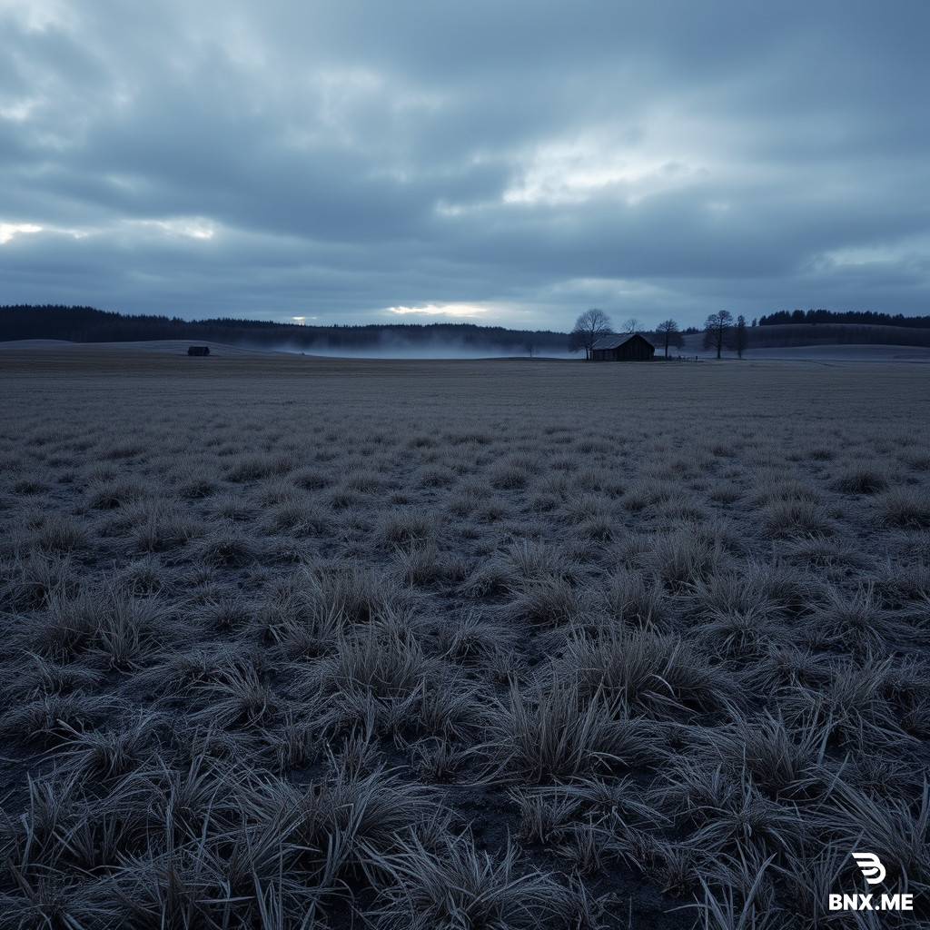 A vast empty snowless winter plain with sparse, thin, dry individual blades of gray-brown grass in loose clumps, with patches of bare dark soil visible between them. The grass is coarse and sparse, not a carpet, not soft, not dense. The ground is uneven and undulating, with low rolling ridges, shallow dips, small ditches, and soft rises and falls. In the far middle distance, a small cluster of old, simple, dark wooden houses. Bare black trees scattered sparsely. Low mist in the hollows. Sky: heavy but layered clouds with varied tones, darker and lighter gray patches, subtle breaks, hints of pale blue-gray, not a flat uniform gray. Cold blue ambient light at blue hour. Muted desaturated palette: slate gray, ash gray, pale blue, dark brown, faded black. Faded nostalgic atmosphere like an old memory, soft haze, subtle film grain. No people, no cars, no modern objects, no bright colors, no warm yellow lights, no snow, no frost, no ice, no white ground, no flat ground, no smooth lawn, no carpet-like grass, no clos