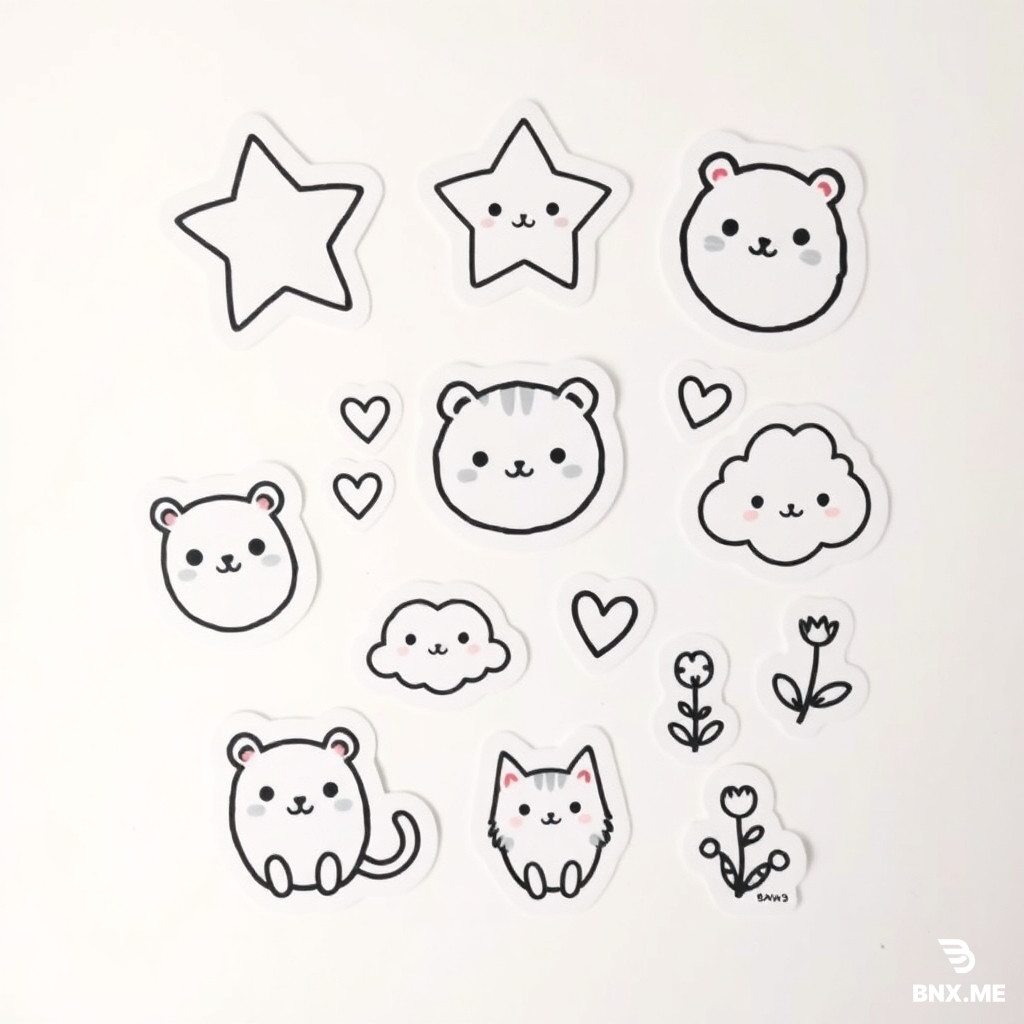 A collection of cute, simple black-and-white doodles on a soft pastel background. Includes smiling stars, round fluffy animals (bear, bunny, cat), tiny hearts, clouds with cute faces, and little plants. Drawn in a hand-drawn style with uneven, thin lines, no shading, very kawaii and childlike. White space around each doodle, like a sticker sheet."