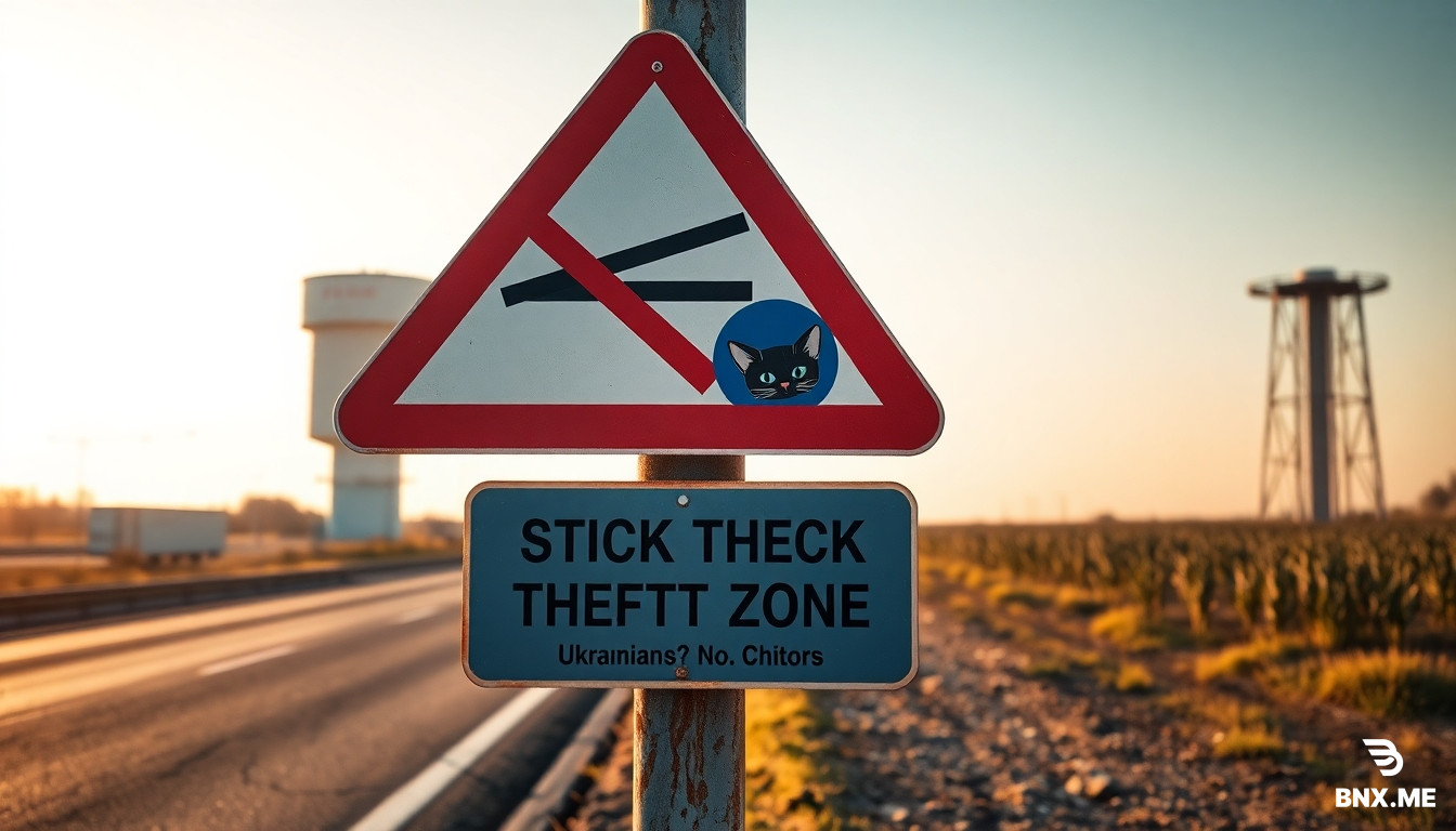 Format: Hyperrealistic photo, 8K, wide shot. A rusty metal pole mounted on a cracked asphalt roadside. On the pole, three stacked road signs (circular, triangular, rectangular) – all weathered, slightly dented, with reflections of evening sun. Background: a typical Russian highway, but in the distance you see a giant humidifier instead of a water tower, and a field of growing sticks (pallets sprouting like plants). Lighting is golden hour, long shadows.  Sign 1 (top, triangular – warning) Shape: Red triangular border, white center.  Icon: A black silhouette of a stick (пaлка) lying horizontally, with a red diagonal line across it (prohibition sign).  Large text below the icon (bold, black, 1/3 of sign height): «STICK THEFT ZONE»  Smaller text at bottom: «Ukrainians? No. Chitors.»  Sign 2 (middle, circular – mandatory) Shape: Blue circle, white border.  Icon: A stylized cat head (Kot Shmyga) wearing a yellow hard hat, one ear bandaged. Next to it, a small avocado with a plus sign.  Large text wrapping around the top of the circle (white, bold): «ALWAYS CARRY AVOCADO»  Bottom text (white, smaller): «Sacrifice to Naetost’»  Sign 3 (bottom, rectangular – information) Shape: Green rectangle with white border.  Icon: A bubble of pink mist (humidifier vapour) with a speech bubble inside saying «KUR-LY KUR-LY».  Large text on the sign (white, bold, very large, taking 40% of the area): «CAUTION: SOUL-SUCKING DEMONS» (in English, but the word "GAWAH" could be added in parentheses)  Smaller second line: «бесы высасывают гавах – keep your humidifier on»  Bottom (tiny, but readable): «Approved by MCHS Dzhigurdovii, 2056»  Additional details (for realism and humour) A small Chitor (fluffy creature with a notepad) stands next to the pole, writing on a tiny clipboard. Its expression is serious.  One of the signs has a bullet hole (or rather, a small dent from a thrown stick).  A sticker on the pole: «ХОБА!» (large Cyrillic, bright red).  In the sky, faint neon letters spelling «STOULEEEEENIT» (the correct spelling you insisted on) made from vapour.