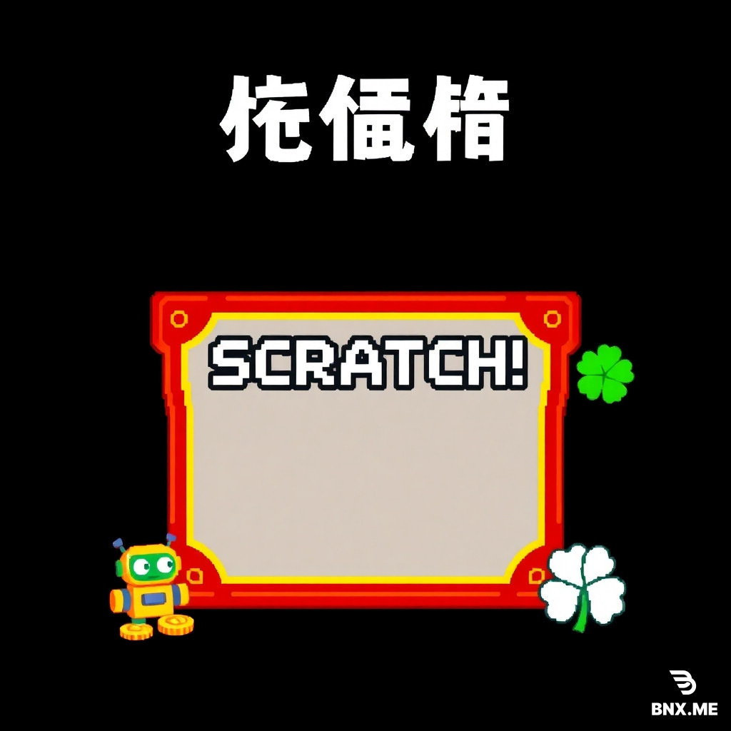A pixel art scratch card lottery ticket design, titled "刮个爽". The card has a vivid red and gold border, with a central silver scratch-off area that has "SCRATCH!" written on it in retro pixel font. Surrounding the scratch area are pixel icons of gold coins, a tiny cute robot, and a four-leaf clover. The overall style mimics a 16-bit game asset, with a black isolated background. Crisp pixels, vibrant game palette, nostalgic, game UI element.