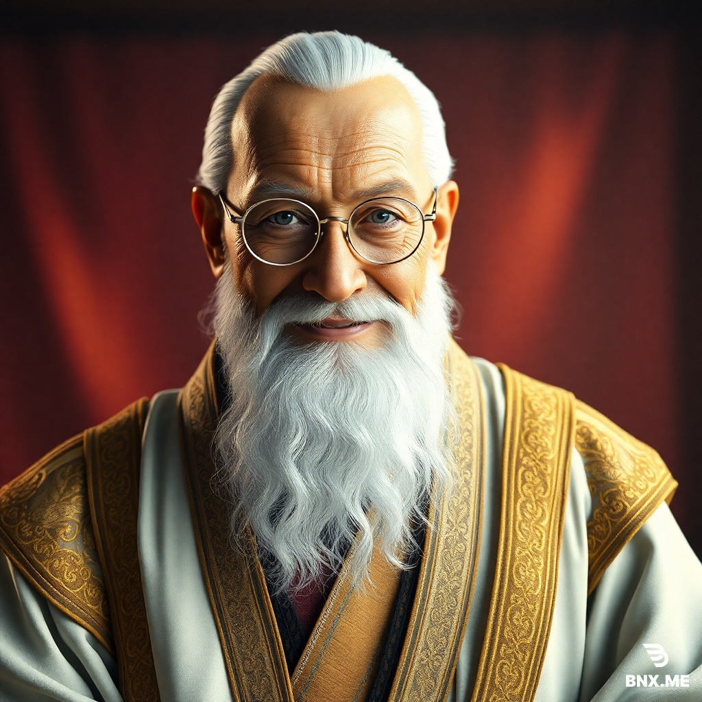 Hyper-realistic CGI, 8k resolution, Unreal Engine 5 render, Final Fantasy aesthetic, Subsurface scattering skin, Cinematic lighting, Ethereal glow, Detailed leather texture. An elderly man with a neatly trimmed white beard and round wire-rimmed spectacles. He wears ornate flowing white and gold robes of a high sage, with intricate gold embroidery along the sleeves and hem. His posture is calm and composed. His expression is gentle and warm, with a soft smile that reaches his eyes. Warm, soft lighting.