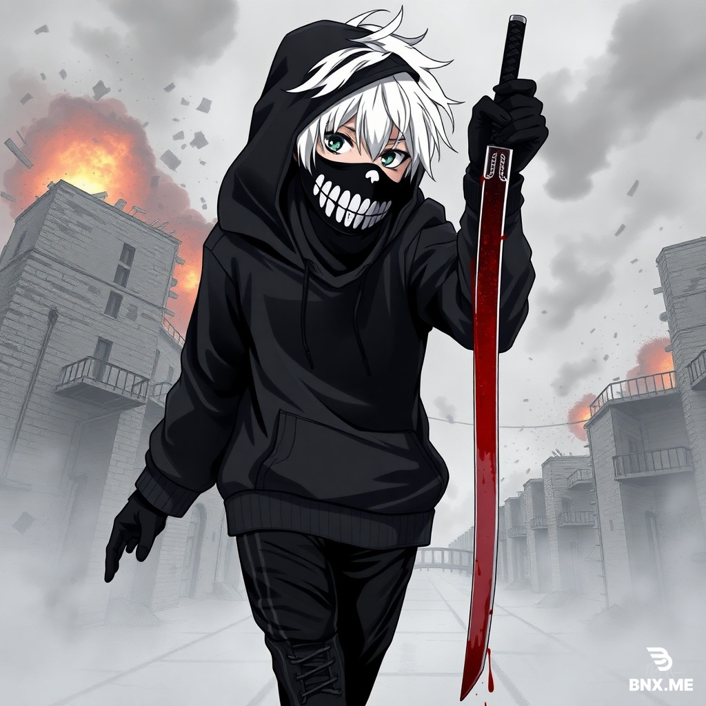 A highly detailed anime-style illustration of a boy with white hair, wearing a black hoodie (hood down, not on his head), black pants, black sneakers, and black gloves. He has a black cloth mask with white skeleton teeth painted on it. In his right hand, he holds a samurai sword dripping with blood. The background shows an exploded building. Extremely high detail, anime art style.
