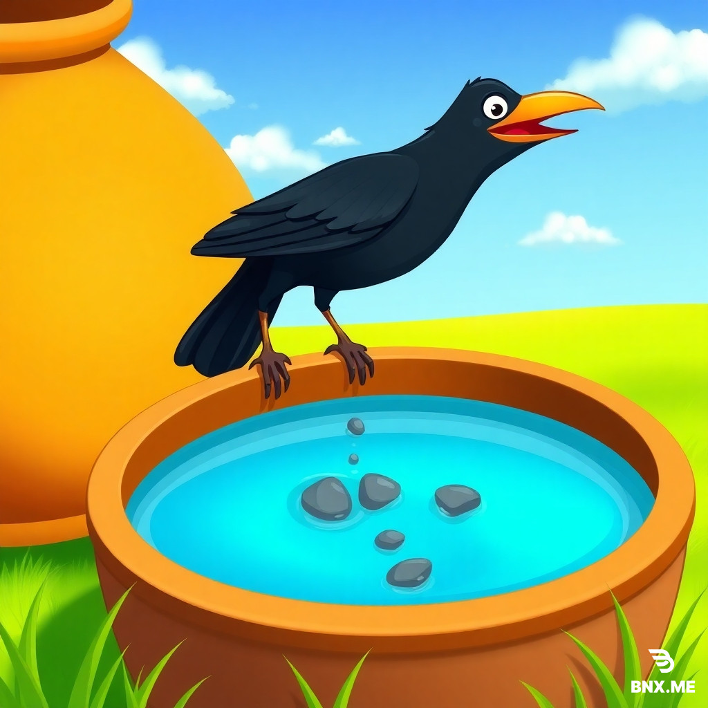A thirsty black crow standing on the edge of a large brown clay pot, dropping small gray pebbles into the pot. The pot has a little bit of blue water inside. Bright sunny day, green grass background, blue sky with white clouds. Children's storybook illustration style, colorful, cartoon style, warm lighting, high quality, 4K, PNG, transparent background