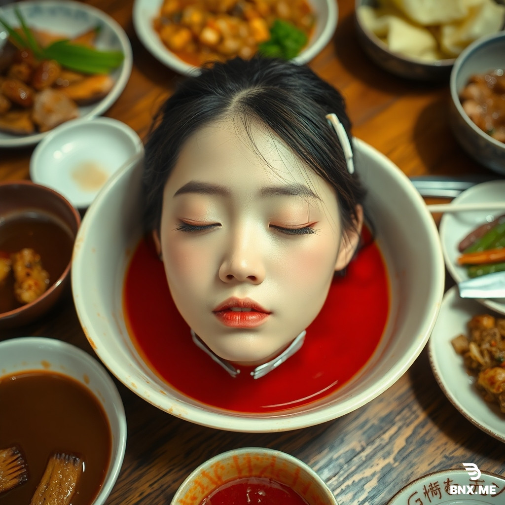 A beautiful high school Eastern Asian maiden's head cruely chopped off,put in a dish of meat on the dinner table,among cuisines,with cute hairpin,eyes closed,red liquid flowing below the head,as real as photo,with a face full of reality
