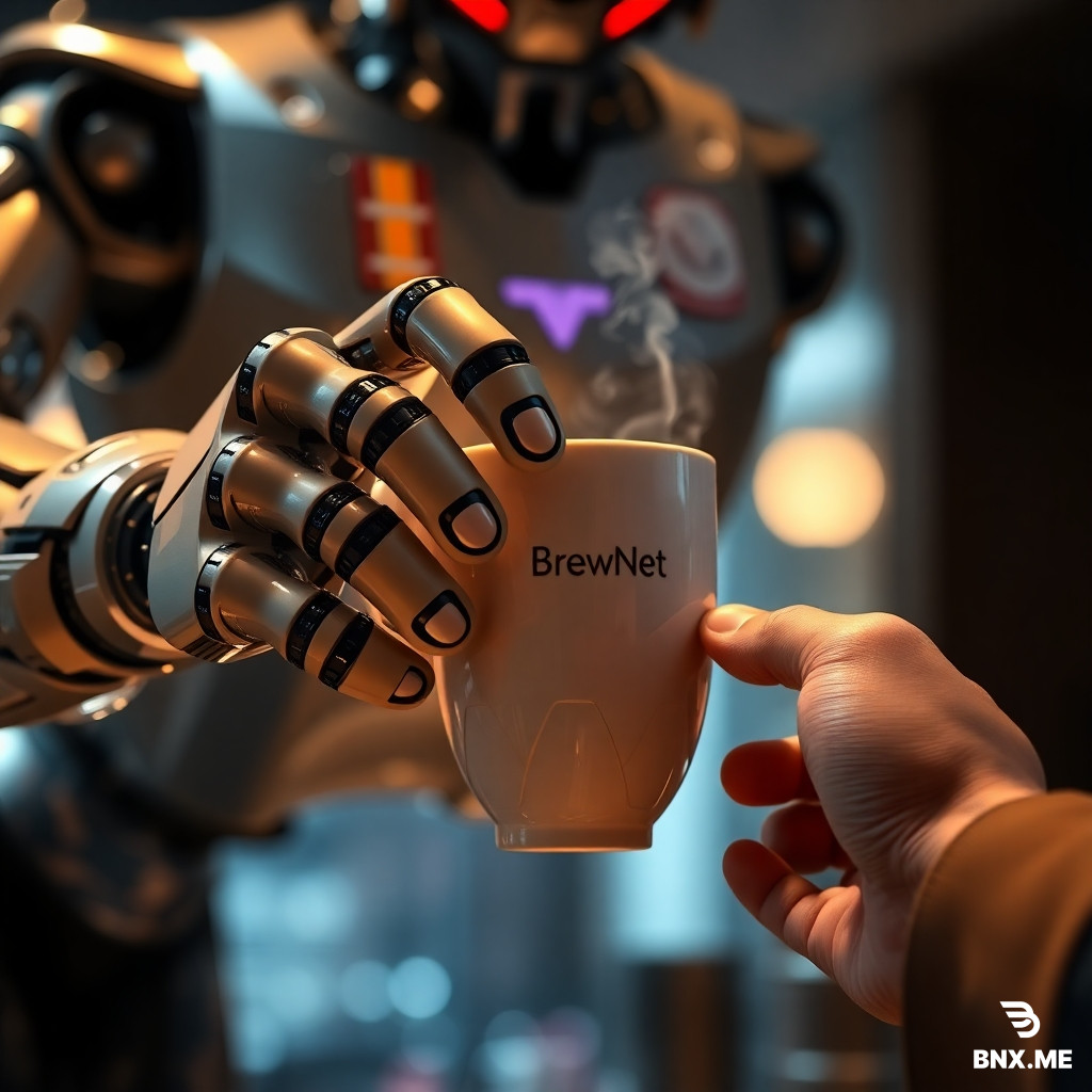 A cinematic, hyper-detailed poster of a futuristic robot barista handing a steaming ceramic cup of coffee to a human customer — extreme close-up on both sets of hands and fingers, showing mechanical articulation and soft, realistic human skin. The robot has a small logo on its chest that reads “BrewNet” in clean sans-serif, warm cinematic rim lighting, shallow depth of field, 8k detail, photorealistic, subtle film grain. Emphasize realistic fingers and correct anatomy, no extra or missing digits, no floating limbs. Include a faint cityscape bokeh in the background.