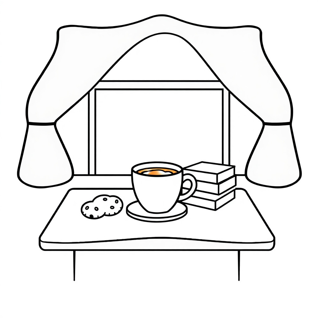 black and white coloring book page, cute kawaii style, cozy theme, clean bold outlines, minimal detail but not empty, no shading, no color, white background, thick lines, simple and clear for coloring, adorable and relaxing vibeTea cup, cookies, and small stack of books on table