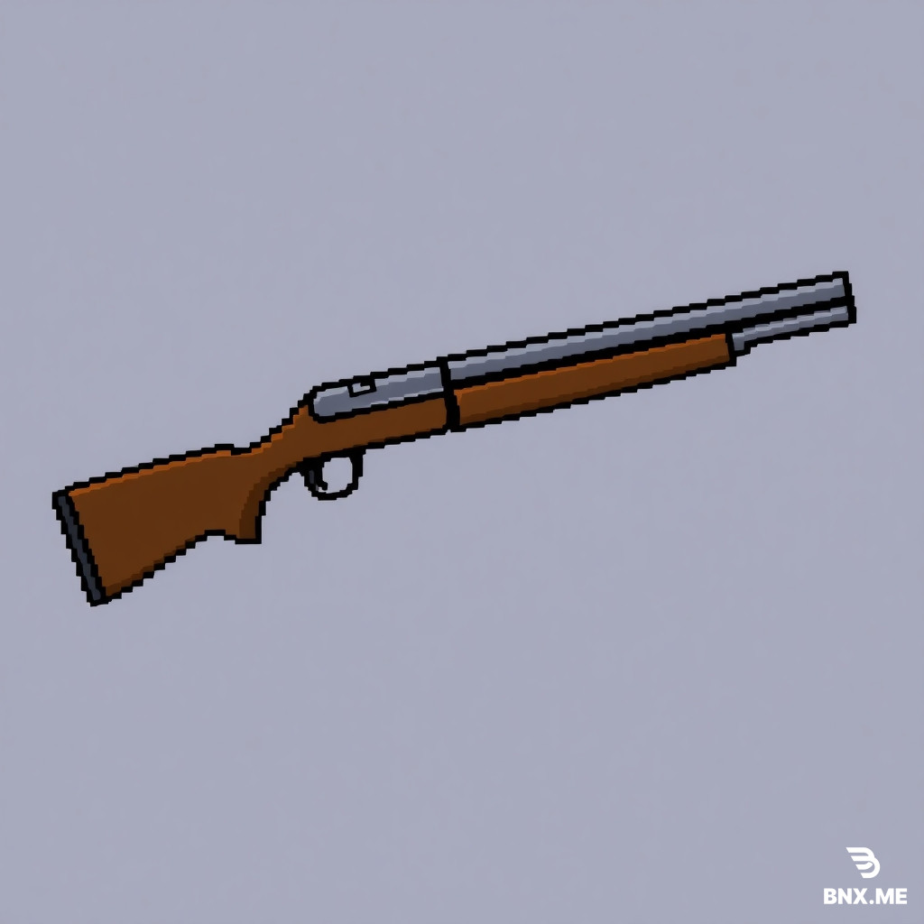 Pump Shotgun: *"8-bit NES pixel art, 16x16 pixels, a brown wooden stock with a long gray metal barrel and a pump handle underneath. Side view. Palette: brown, gray, black. Transparent. Chunky rectangular shape."*