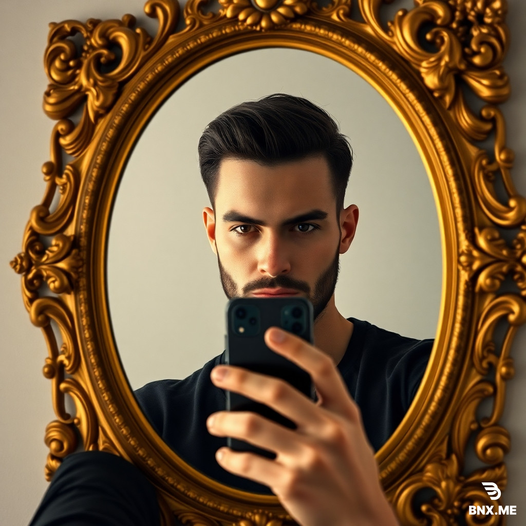 A handsome man with a groomed beard and dark hair taking a mirror selfie, holding a modern smartphone, reflection in an ornate baroque golden mirror frame, close-up shot, neutral background, soft diffused lighting, photorealistic, highly detailed, 8k, muted natural colors. Mirror selfie of a stylish young man in a black v-neck shirt, serious expression, focus on the facial features and the contrasted dark clothing against the light wall, cinematic portraiture, ultra realistic, volumetric lighting, sharp focus, high contrast, golden accents. Upper body shot reflecting in a vintage gold-framed mirror, male model with a fashionable haircut and short beard, holding a phone covering the lower face, shallow depth of field, natural daylight, hyperdetailed skin texture, atmospheric, realistic render, soft warm tones.