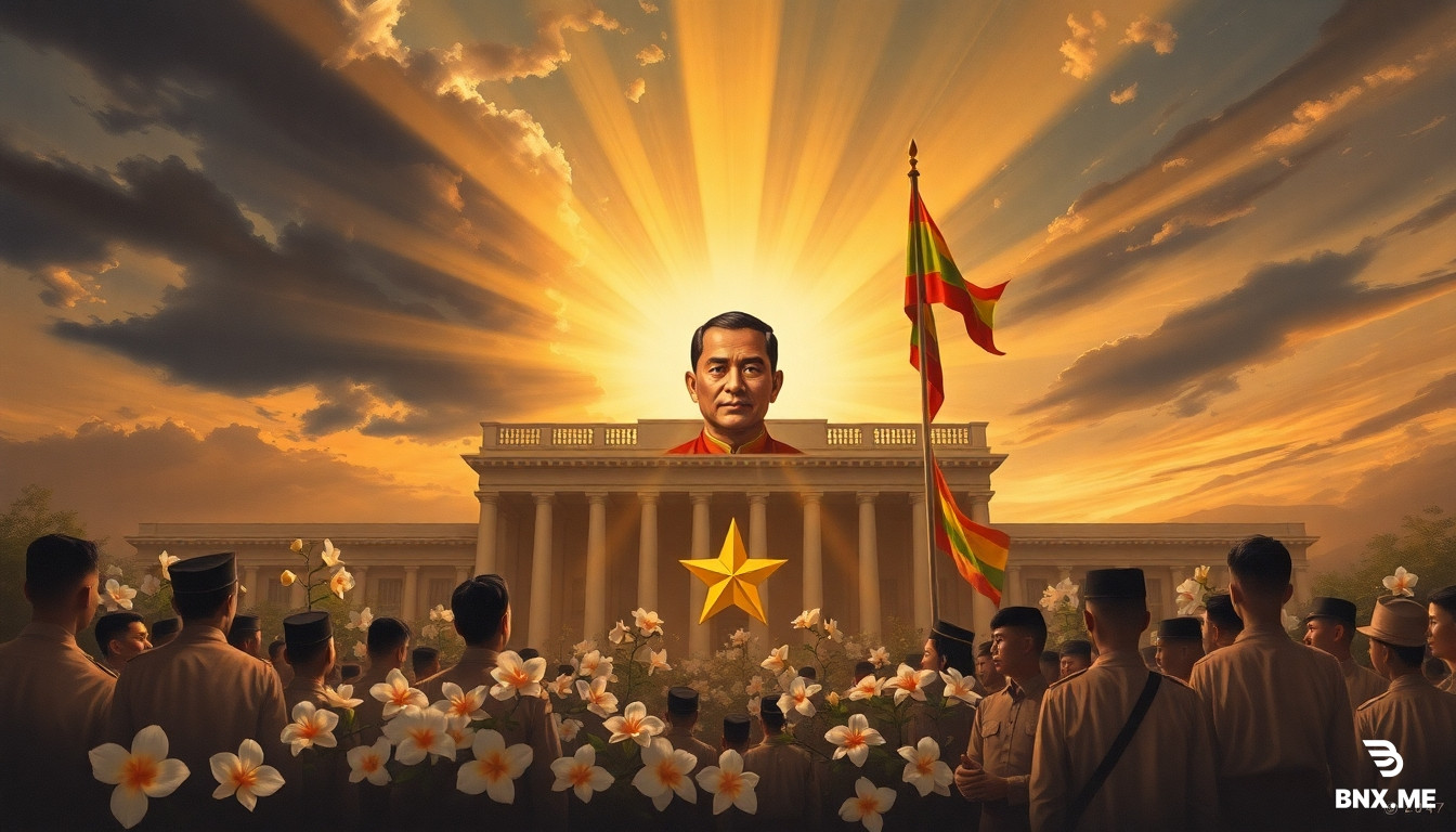 "A solemn and respectful painting commemorating Myanmar's Martyr's Day (19 July). The scene depicts the historic moment of the assassination of General Aung San and his cabinet colleagues in 1947. The composition focuses on a symbolic representation: a portrait of Bogyoke Aung San in the center, surrounded by rays of golden light, with the Burmese flag and a group of grieving yet determined citizens in traditional attire. In the background, the secretariat building (Minister's Office) is shown under a dramatic sky – partly dark clouds for tragedy, partly sunrise for hope and sacrifice. Include elements like white flowers (especially orchids and jasmine), a broken chain symbolizing freedom, and the year '1947' subtly integrated. Style: oil painting, realistic with a touch of heroic idealism, warm earth tones mixed with somber shadows. No violence or blood, only dignified mourning and patriotic resolve. The mood should evoke gratitude, national pride, and a promise to uphold their legacy."