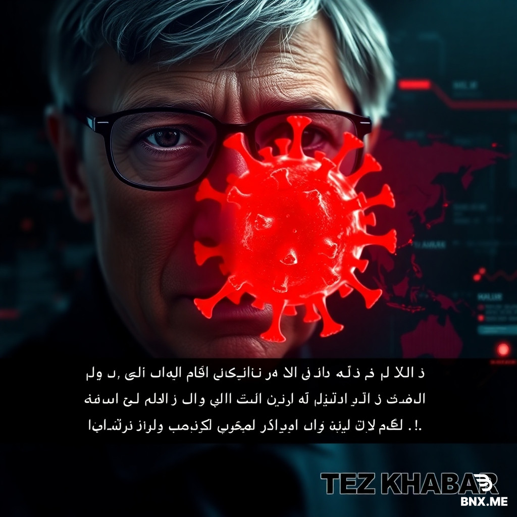 A dramatic, high-quality cinematic news reel for social media (9:16 aspect ratio). The video starts with a serious and mysterious close-up of Bill Gates, transitioning to a glowing red 3D virus spreading over a dark digital world map. Include fast-paced news room overlays and glitch effects. The background music is intense and suspenseful. Voiceover must be in a professional, deep Urdu male news reporter voice, narrating: "Kya agli wabai bemari aik khofnak mansuba hai? Bill Gates ki warning aur abadi control ka mubayna agenda! Dekhiye pur-asrar haqaiq." The "TEZ KHABAR" logo stays visible in the bottom corner throughout the video. 4k resolution, professional broadcast style.
