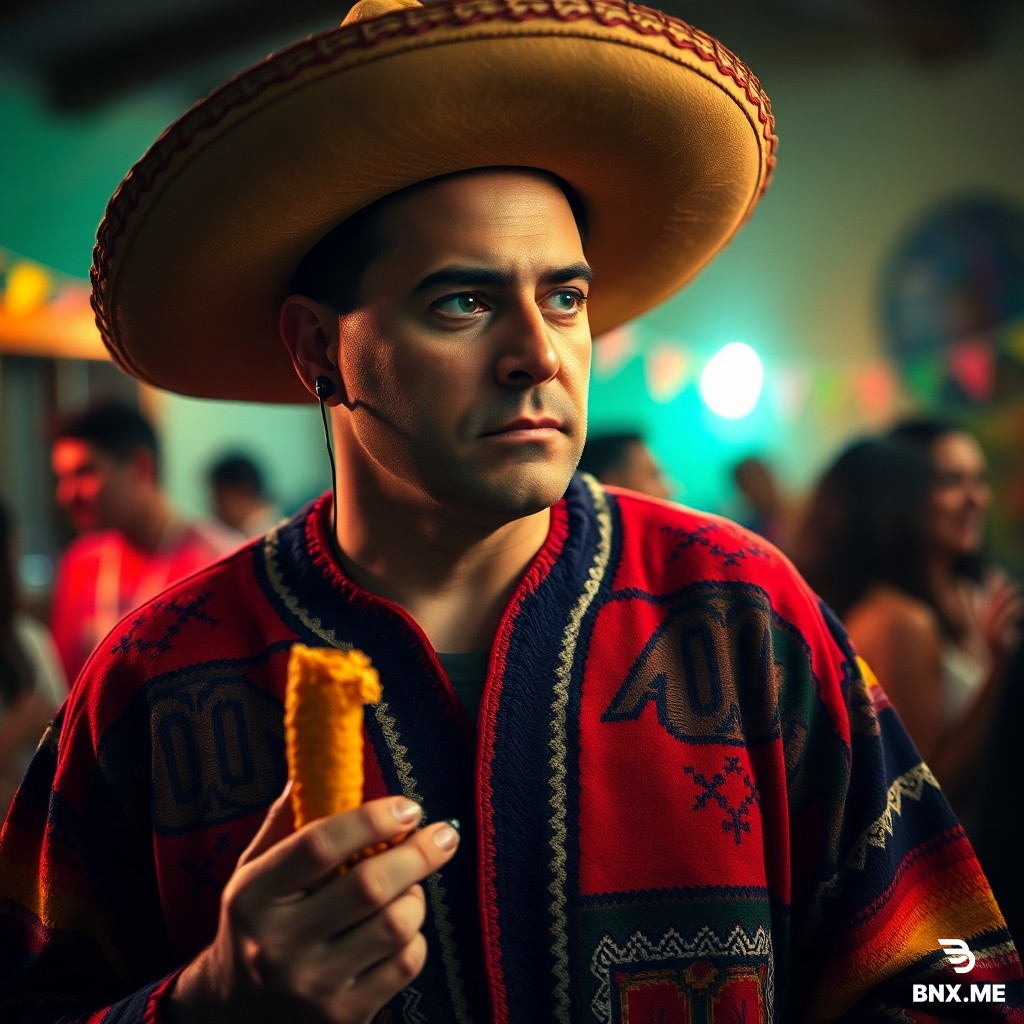 Studio-quality photorealistic portrait, dramatic single light source, 85mm lens. A Cinco de Mayo house party is happening out of focus in the background, but the foreground is a close-up of a man in a vibrant, authentic 'Sinaloa' poncho and a perfectly tilted sombrero. He has a Bluetooth earpiece in one ear and a half-eaten churro in his hand. He's not looking at you; he's staring off-camera with an expression of profound, unwavering disapproval and disappointment at someone who has committed an unspoken cultural violation that will be judged for all eternity. His face alone tells you he is silently calculating the exact number of lashes for a crime he just witnessed.