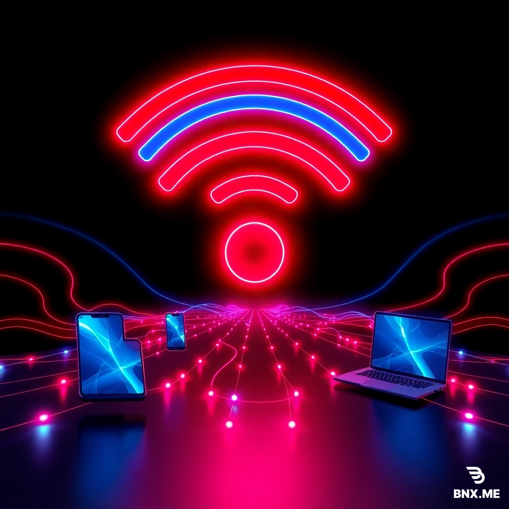 Wi-Fi network advertising image, ultra-fast wireless internet concept, large glowing Wi-Fi symbol in the center radiating powerful connection waves, color palette: electric crimson red mixed with vibrant neon blue, deep magenta highlights, rich cyan accents, and a dark charcoal black background to make the colors explode, smooth red-to-blue gradient transitions on every data stream, floating smartphones, laptops, and smart TV connected by luminous fiber-optic-like beams in alternating red and blue pulses, soft atmospheric glow around devices, glossy modern finish, photorealistic lighting, high contrast, 4k ultra HD, commercial ISP advertisement style, clean layout with empty bottom space for logo and text, inviting, powerful, and trustworthy mood