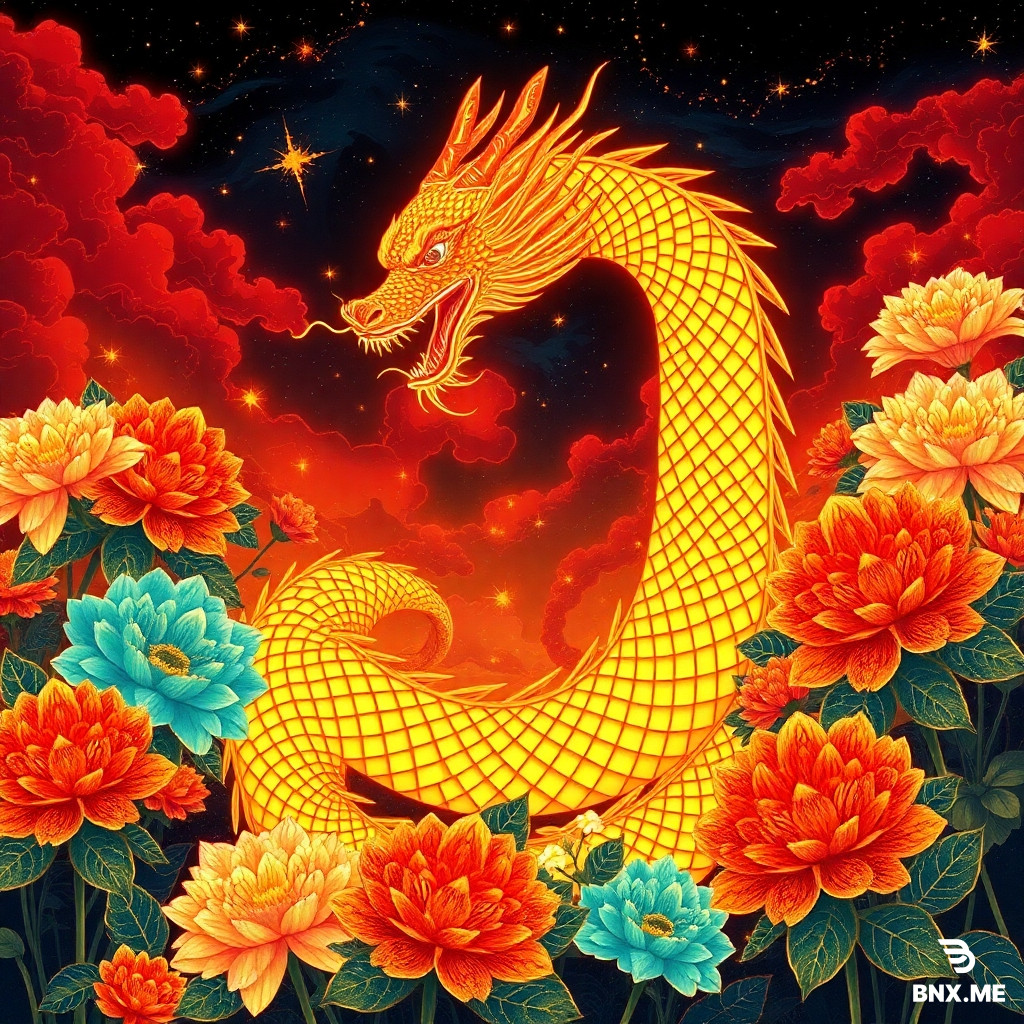 Golden Eastern dragon curling among lush blooming flowers, depicted in an oriental neo-mosaic style. The entire illustration is built from thousands of tiny polygonal fragments with thin golden outlines, resembling stained-glass tesserae. The dragon’s scales form intricate jewel-like patterns, shimmering with gold and warm light. Vibrant floral field with large chrysanthemums in red, turquoise, white, pink, orange, purple and teal shades, each flower constructed from crystal-like geometric shards and luminous filigree edges. Deep cosmic sky with scattered bright stars, glowing clouds in red and turquoise tones, swirling around the dragon. Highly detailed mosaic textures, radiant gold-trimmed contours, luminous art-nouveau curves, hyper-ornamental composition, ultra-high detail, glowing accents, jewel-like rendering, dramatic fantasy atmosphere