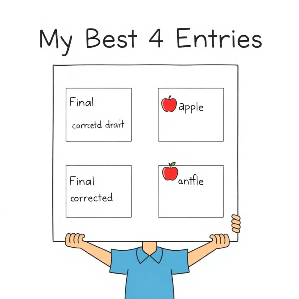 A simple, colorful illustration of a blank A3 poster divided into 4 equal boxes arranged in a 2x2 grid. Inside each small box, write "Final corrected draft" as small handwritten-style text. Outside the boxes, at the top of the poster, write the title "My Best 4 Entries" in large friendly letters. Next to each box, add a small cute icon: a sun, a speech bubble, an apple, and a snowflake. Below the poster, a smiling student holds it up. Bright and cheerful classroom style. Flat illustration, clean lines, white background, no shadows. Suitable for middle school students.