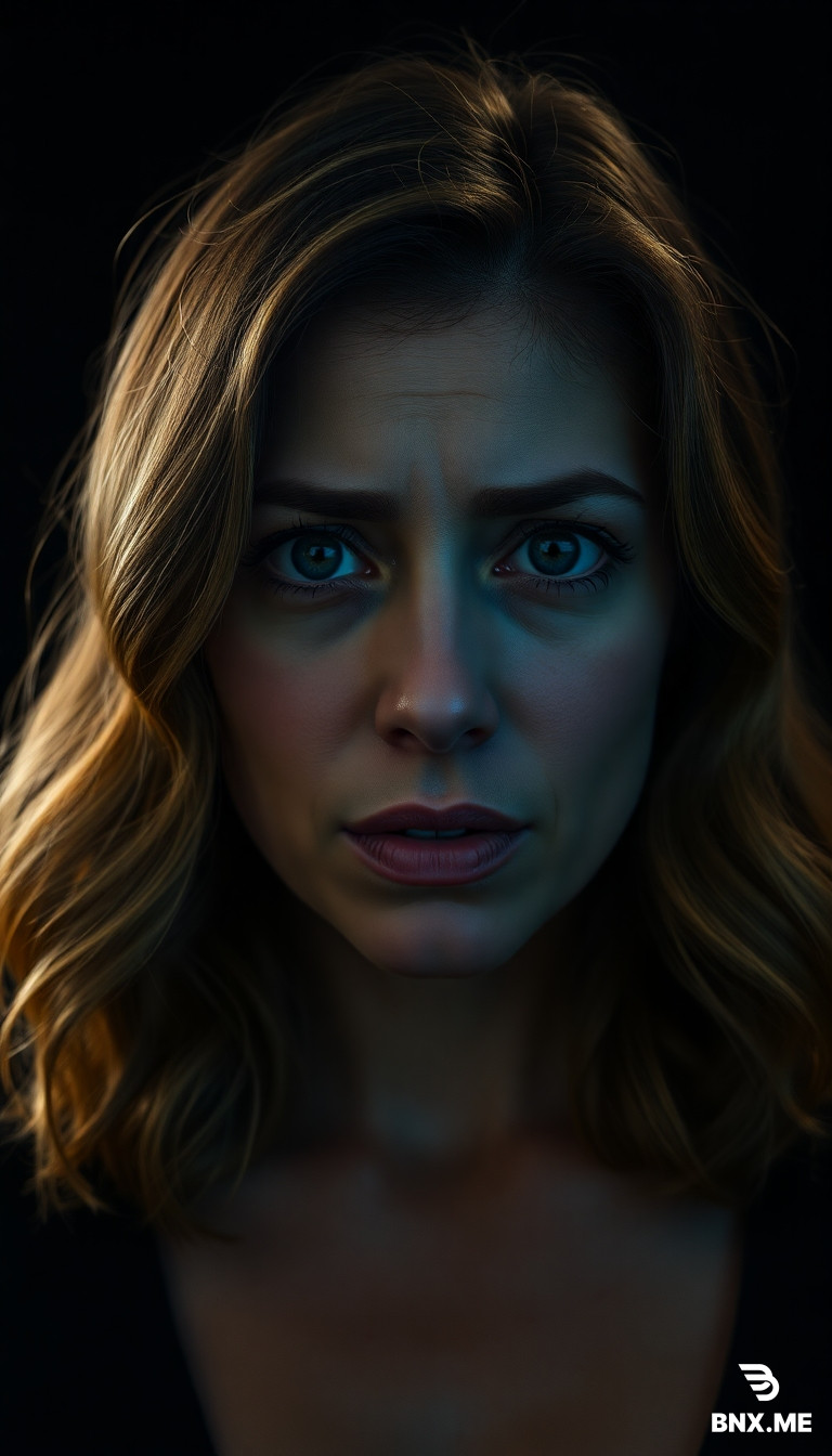 A woman, mixed/ambiguous ethnicity, healthy medium build, beautiful face. Hairstyle: shoulder-length loose waves, natural texture, golden-brown, not too long. Expression: realization + discomfort (brow furrowed, eyes slightly wide, mouth neutral). Cinematic dark void background. Single key light from left + subtle neon blue accent. Face dominates 65% of frame. Premium documentary realism. No text yet. No distracting hair. Face is the focus.