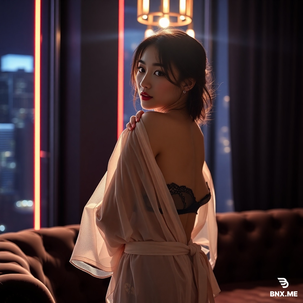 Hyper-detailed photorealistic scene of a stunning 24-year-old Asian woman in a translucent sheer silk robe loosely draped over her shoulders, revealing elegant lingerie underneath. She has full, natural hyper-defined breasts with delicate contours and realistic skin texture, subtly emphasized by the soft lighting. She is standing by a velvet couch in a dimly lit penthouse with neon lights filtering through floor-to-ceiling windows. Her hair is slightly tousled, skin glistening with a soft sheen of sweat under volumetric god rays. She glances back over her shoulder with a playful, confident expression. The sheer silk fabric catches the light, showing delicate folds and subtle texture. Cinematic photography, 8k masterpiece, intricate textures, sharp focus, professional studio lighting, ultra-realistic skin and fabric details, moody atmospheric vibe.