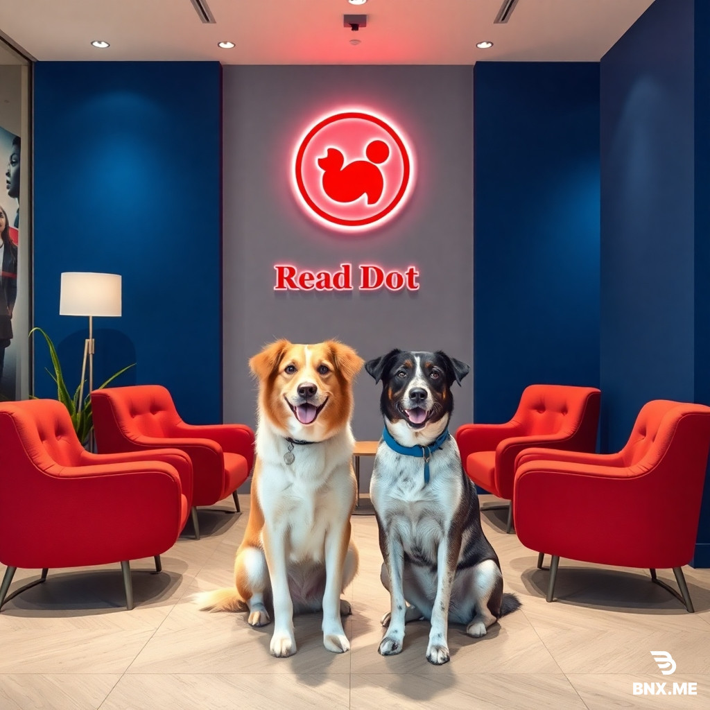corporate interior design blue-red branded with two dogs