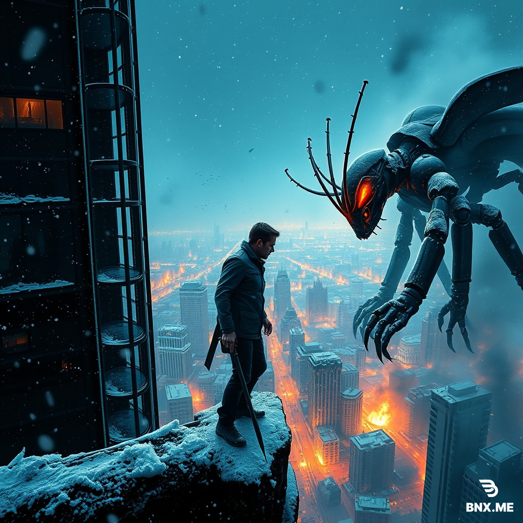 Cinematic book cover art, dark fantasy meets post-apocalyptic Moscow. A lone man stands on the edge of a destroyed skyscraper office (47th floor) at night, bracing against a fierce blizzard. He is battered and bloody, but determined. In front of him, a massive menacing figure in a black chitinous exoskeleton (like an insect knight) with a glowing narrow visor for an eye slit. The burning city of Moscow stretches below them, a mix of dark blackouts and glowing orange fires. Snow flies horizontally like a sandblaster. Embers and ash swirl in the wind. At the top of the image, the book title in bold, distressed Russian font: «НУЛЕВОЙ УРОВЕНЬ: СПИРАЛЬ», all capital letters, clean and readable, with a slight neon cyan or cold orange glow, placed on dark sky area. Style: gritty, hyper-detailed, dramatic rim lighting from the fire, cold blue tones contrasting with hot orange embers. Vibe: a tense standoff before a final boss fight. --ar 2:3 --stylize 250 --v 6.0