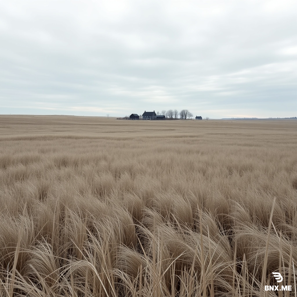 A vast empty snowless winter plain covered with tall, dry, gray-brown winter grass. The grass is dense and continuous, knee-high in the foreground with some blades waist-high, gradually becoming shorter toward the distance to create depth. Blades bend slightly in a cold breeze. Natural density, soft fine texture, visible individual blades, not short, not mowed, not stubble, not sparse, not in clumps. The ground is uneven and undulating with low rolling ridges, shallow dips, and soft rises and falls. In the far middle distance, a small cluster of old, simple, dark wooden houses. Bare black trees scattered sparsely. Low mist in the hollows. Sky: layered soft gray clouds with varied tones, darker and lighter patches, hints of pale blue-gray, not black, not flat. Cold blue overcast light, even and diffused, no strong bright patches, no harsh shadows, no warm sunlight. Muted desaturated palette: slate gray, ash gray, pale blue, dark brown, faded black. Faded nostalgic atmosphere, soft haze, subtle film grain. Ultra high resolution, 8k, sharp focus, detailed grass texture, realistic textures, natural lighting, RAW photo, professional landscape photography, masterpiece, best quality. No people, no cars, no modern objects, no bright colors, no warm lights, no snow, no frost, no ice, no white ground, no flat ground, no smooth lawn, no carpet grass, no isolated grass tufts, no short grass, no mowed grass, no stubble, no blurry, no low quality, no close-up of a single house. Photorealistic, cinematic, 24mm wide-angle lens, f/8, deep focus,