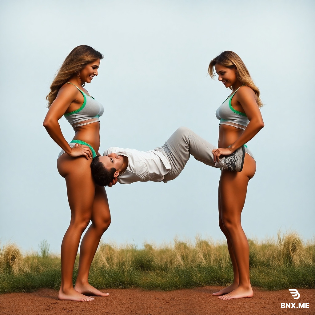 Long Prompt — تسلّمه لصديقتها بكل سهولة  Copy: Two towering, strong women stand side by side as the first one lifts the man effortlessly and passes him into the arms of her equally powerful friend. Their movements are smooth, coordinated, and show absolute mastery of strength. The transfer looks easy and controlled, as if the man weighs nothing.