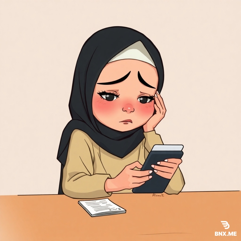 Teenage girl that wears black hijab and beige cloth sitting at a table fidgeting at her phone because she trying to pay her bills while having stressful expression. Art style is 2D cartoon