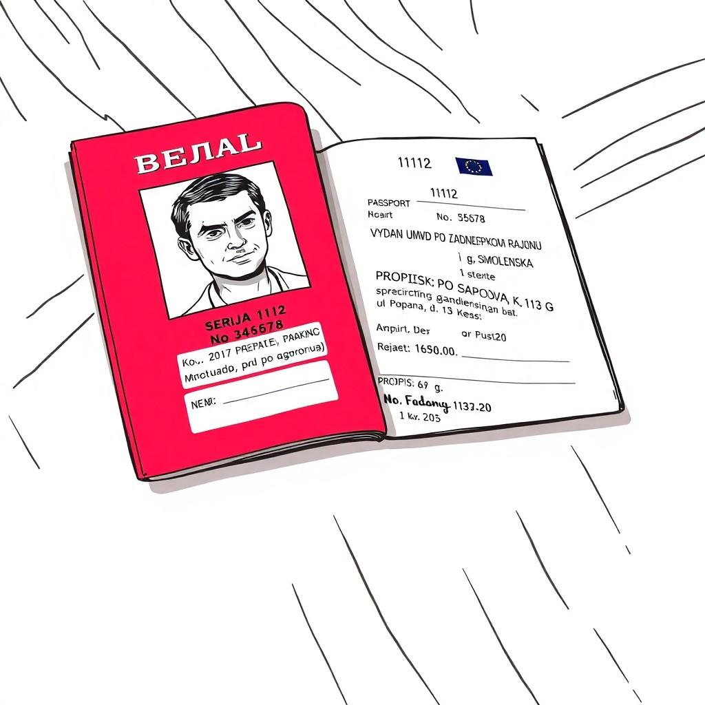 Colorful european comic book style, ligne claire, clear black ink outlines, flat colors, no shading. Extreme close-up of an open red Russian passport lying on a wooden table. The left page shows a black-and-white photo of a young man. Visible text: "SERIJA 1112 No 345678", "VYDAN UMVD PO ZADNEPROVSKOMU RAJONU g. SMOLENSKA", "PROPISKA: g. Smolensk, ul. Popova, d.113 G, kv.20". No people. No speech bubbles. No empty circles. Background light blue.