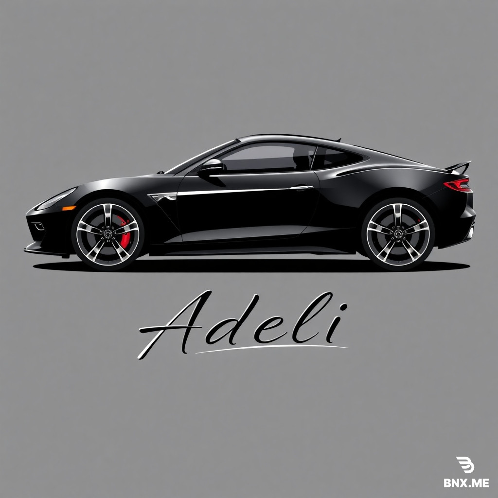 Create a premium automotive logo for a car dealership named "ADELI".  Design a stylish 3/4 angle view of a modern sports car, with sharp curves and an aggressive luxury look.  The car should be the main element of the logo, clearly representing the automotive business.  Below the car, add an elegant signature-style typography that spells "ADELI", slightly italic, giving a sense of speed and class.  Style: luxurious, modern, high-end dealership branding, clean vector lines, bold presence.  Use a strong contrast color palette such as black, metallic silver, and subtle red accents.  Make the logo symmetrical, polished, and eye-catching from far away.  No background, vector-style, ultra high quality.