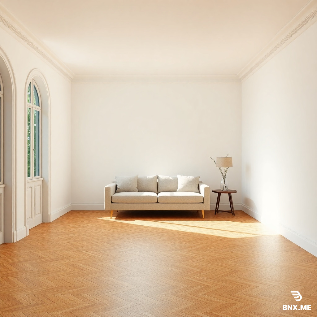 Interior render of a French-style living room on the ground floor, 6m long x 4m wide.  The room has limited natural light – soft, diffused daylight enters through a wide balcony opening (2.8m wide x 2.4m high). The opening is a very shallow flat arch: the top edge has a gentle, subtle curve with an arch rise of only about 10cm (1/28 of the width). It is NOT a perfect rectangle, NOT completely straight at the top. The two corners are softly rounded, not sharp. No door leaf, just an open archway. Floor: honey-colored oak herringbone parquet, each plank length-to-width ratio 5:1 (e.g., 600mm x 120mm), semi-matte finish with light wire-brushed texture.  To show scale, include a standard two-seater sofa (1.6m wide) against the wall and a small side table.  Cream white walls with simple crown molding.  Camera: normal lens (not wide-angle), eye-level view, photorealistic, 8K.  Lighting: realistic for a ground floor room – moderate brightness, slightly dim, no harsh sunlight, soft shadows, warm and cozy atmosphere.  Negative prompt: fisheye, extreme wide angle, distorted perspective, oversized planks, bright sunlight, harsh shadows, overexposed, high contrast, dark gloomy, door leaf, glass door, perfect rectangle, completely straight top, sharp corner, second floor, too bright, sunny.