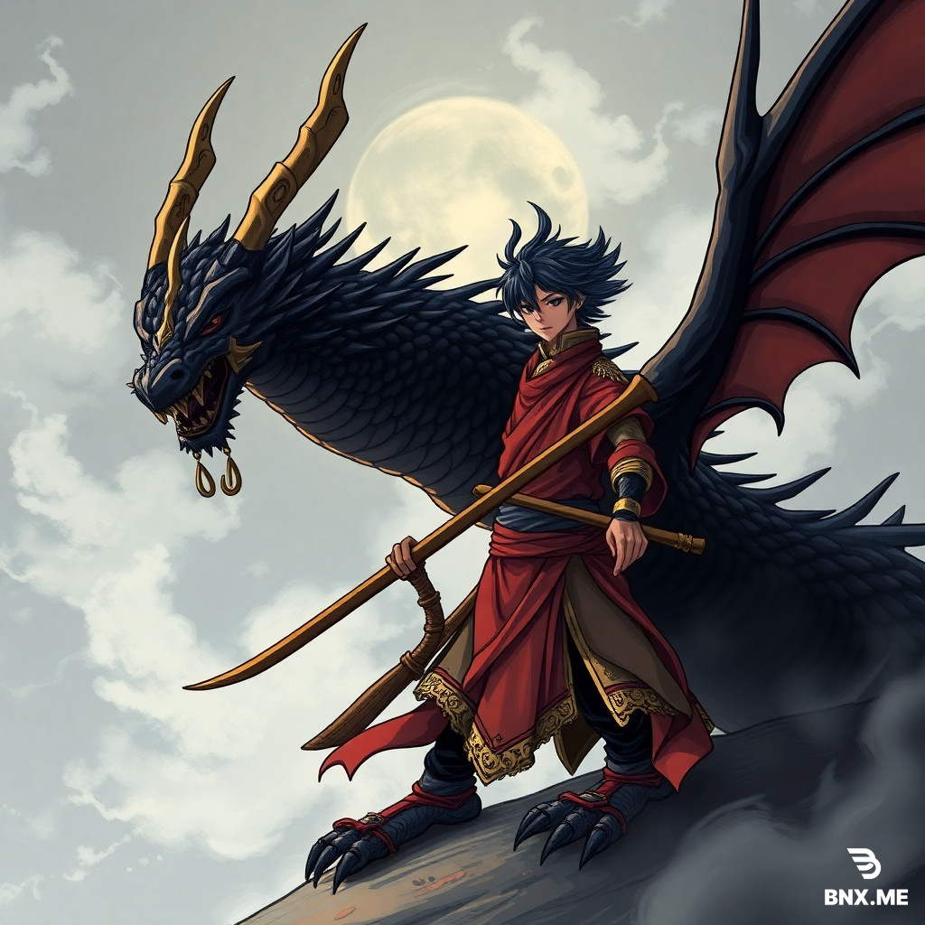 Samuari style anime figth with a black dragon