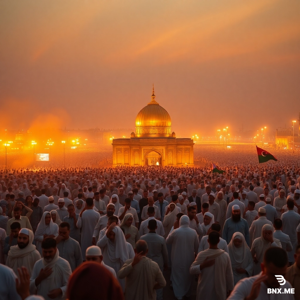 Millions of pilgrims walking toward the golden dome of Imam Hussain's shrine in Karbala at sunset, endless crowd in white shrouds, hands raised in prayer, tears of joy streaming down faces, old and young together, flag of allegiance waving, dust and golden light mixing in the air, emotional atmosphere, drone shot from above showing the sea of humanity, dramatic golden hour lighting, warm orange and blue tones, photorealistic, cinematic masterpiece, epic scale, spiritual and powerful, 8k, ultra detailed --ar 16:9