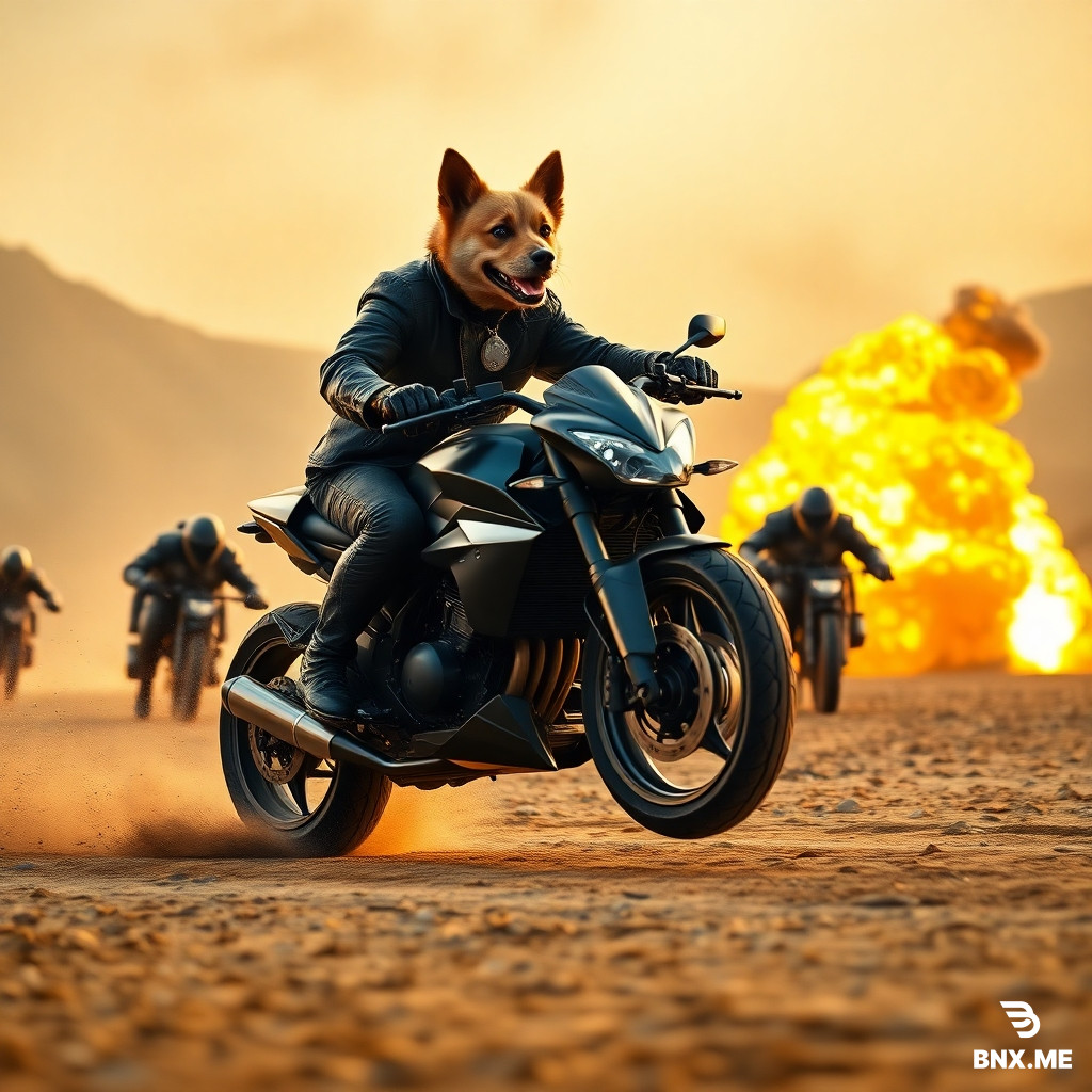 Cinematic action scene: a brave, stylish dog riding a sleek black motorcycle across a realistic battlefield. The lighting is natural and dramatic, not yellow. Behind him, a squad of armored enemy dogs in matching futuristic battle gear chase him aggressively. A large explosion occurs beside the motorcycle, with a bright orange fireball and smoke blast pushing the dog into a dramatic mid-air slow-motion pose. The scene is sharp, detailed, and epic — no distortion, clear faces, realistic proportions.
